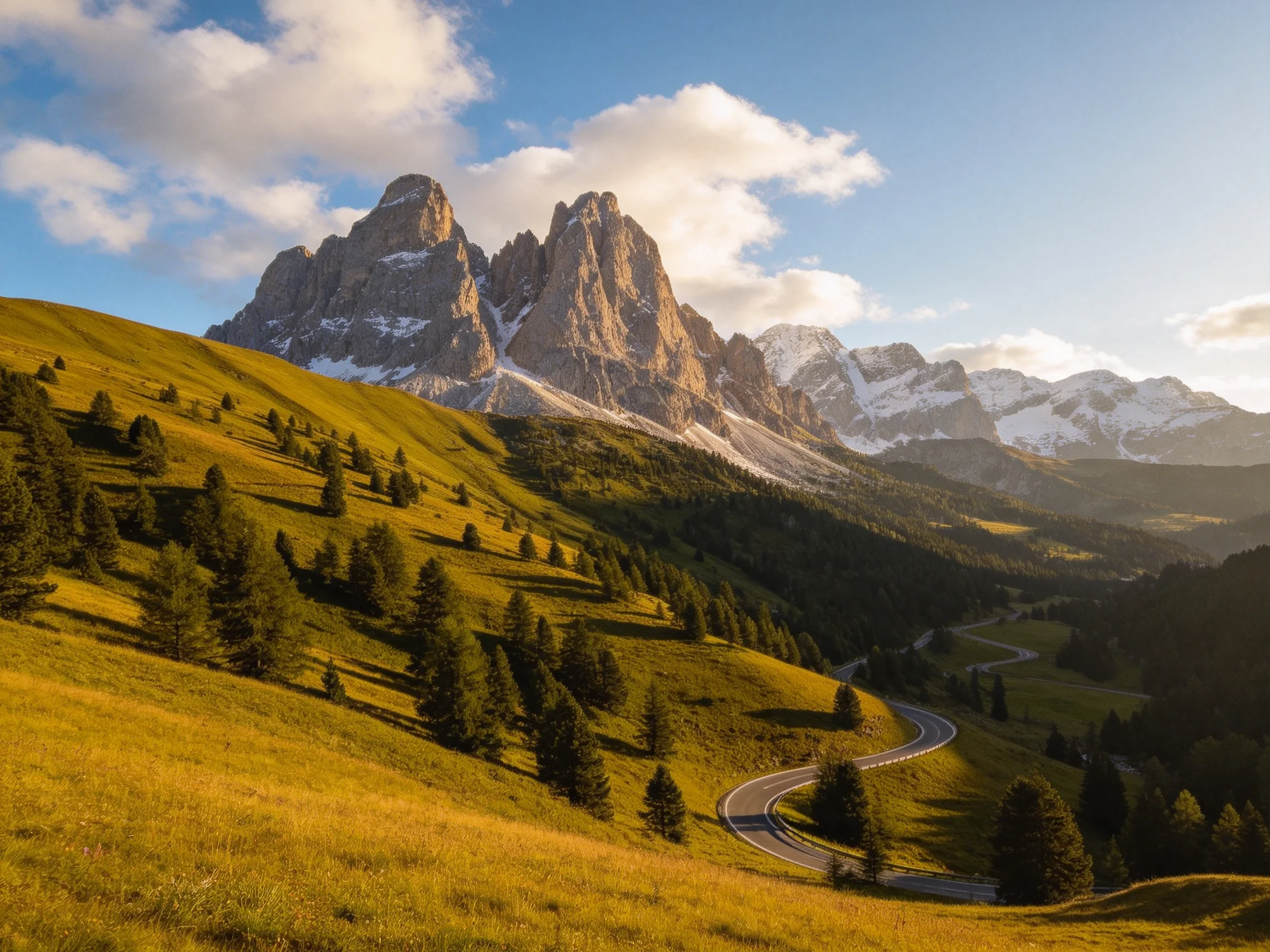 Golden Rolling Hills, Winding Road, Majestic Snow-Capped Peaks