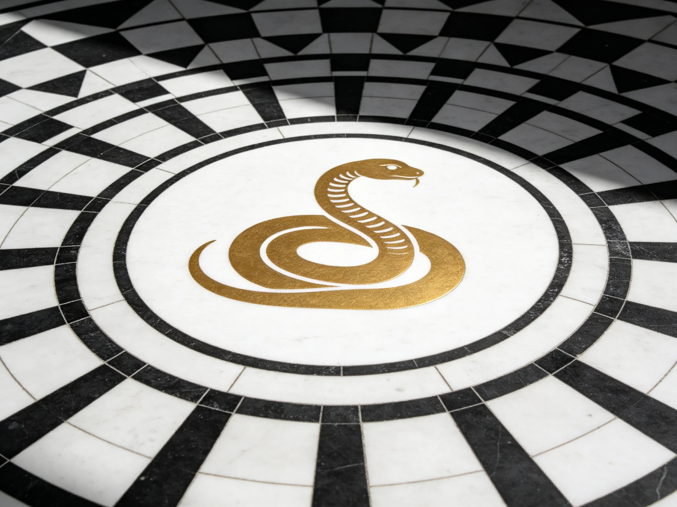 Golden Snake Emblem within Intricate Black and White Geometric Floor Pattern