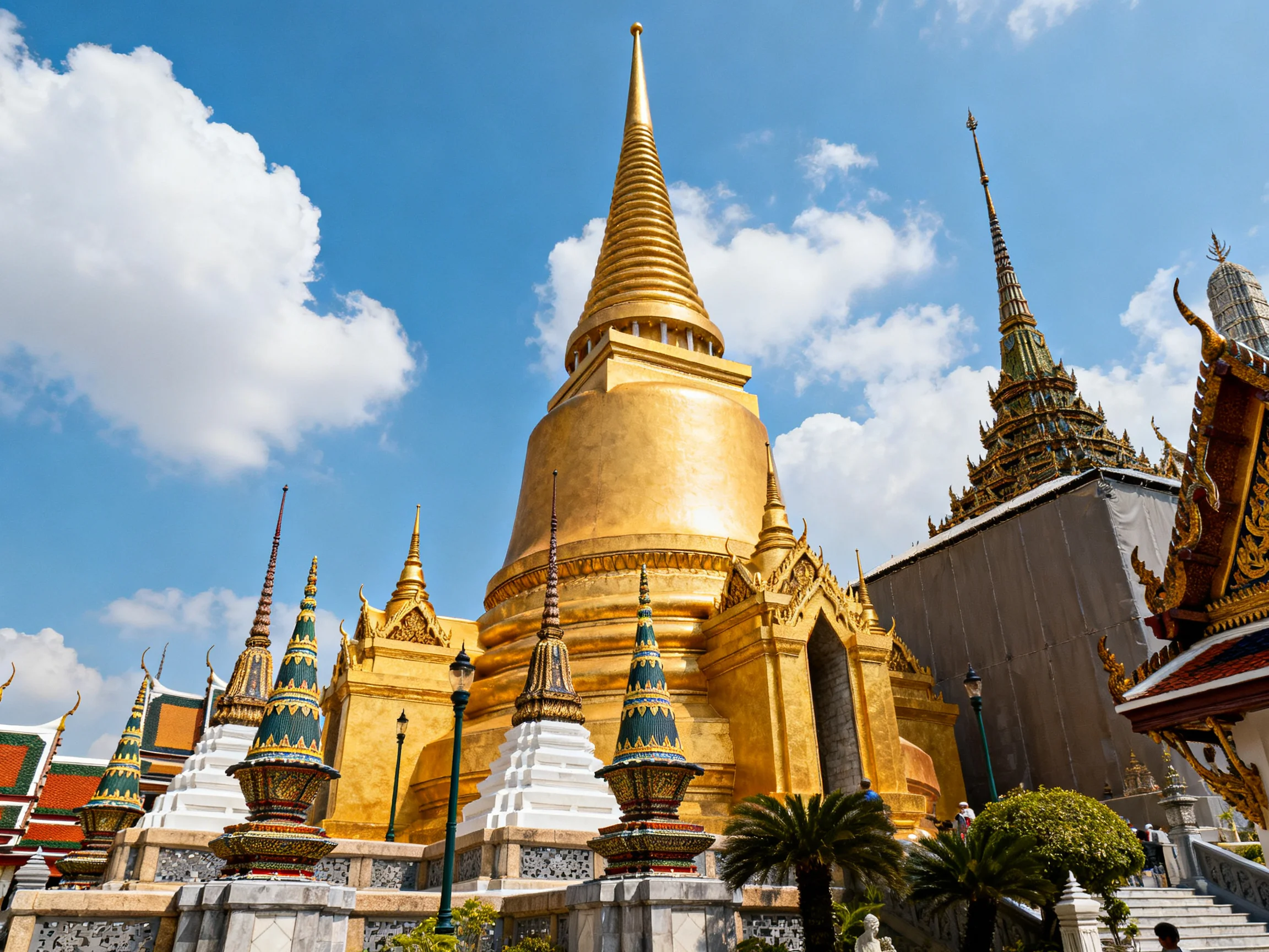 Golden Stupa and Ornate Temple Complex Under Sunny Blue Sky