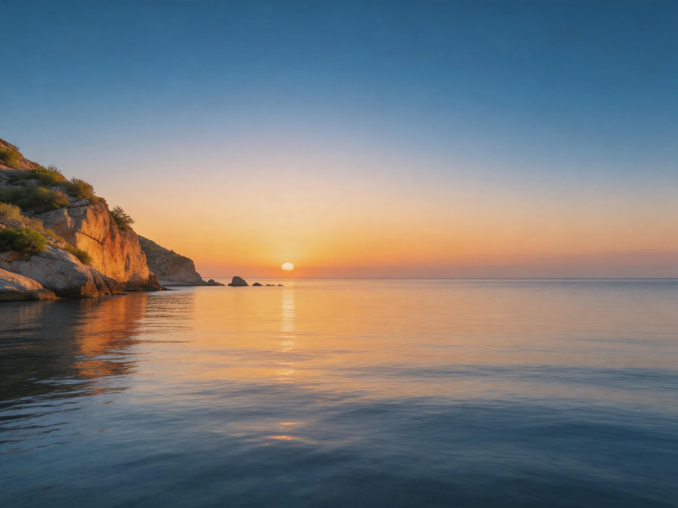 Golden Sunset Over Calm Coastal Waters Near Rocky Cliffs