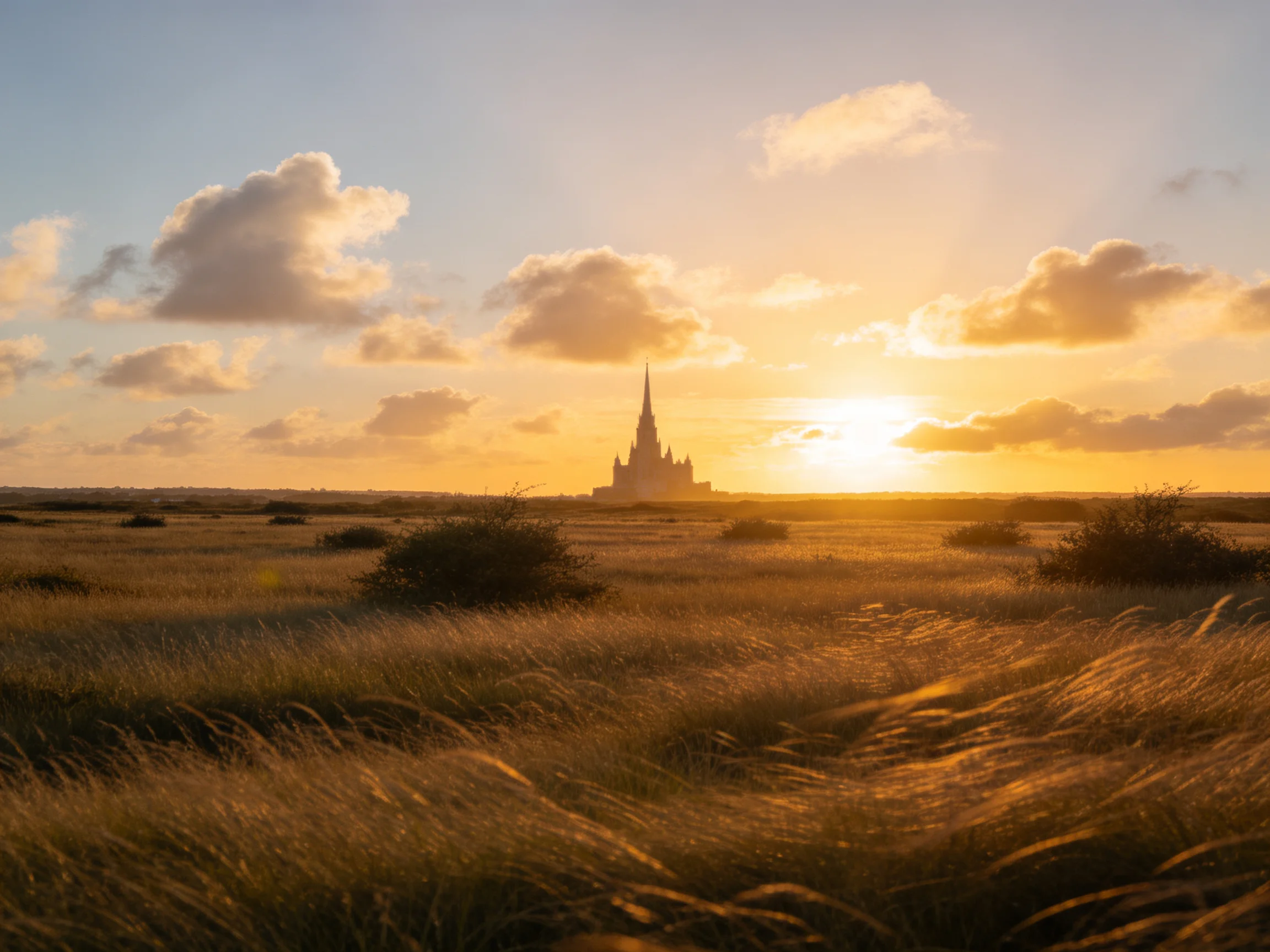 Golden Sunset Over Fields with Silhouetted Medieval Structure