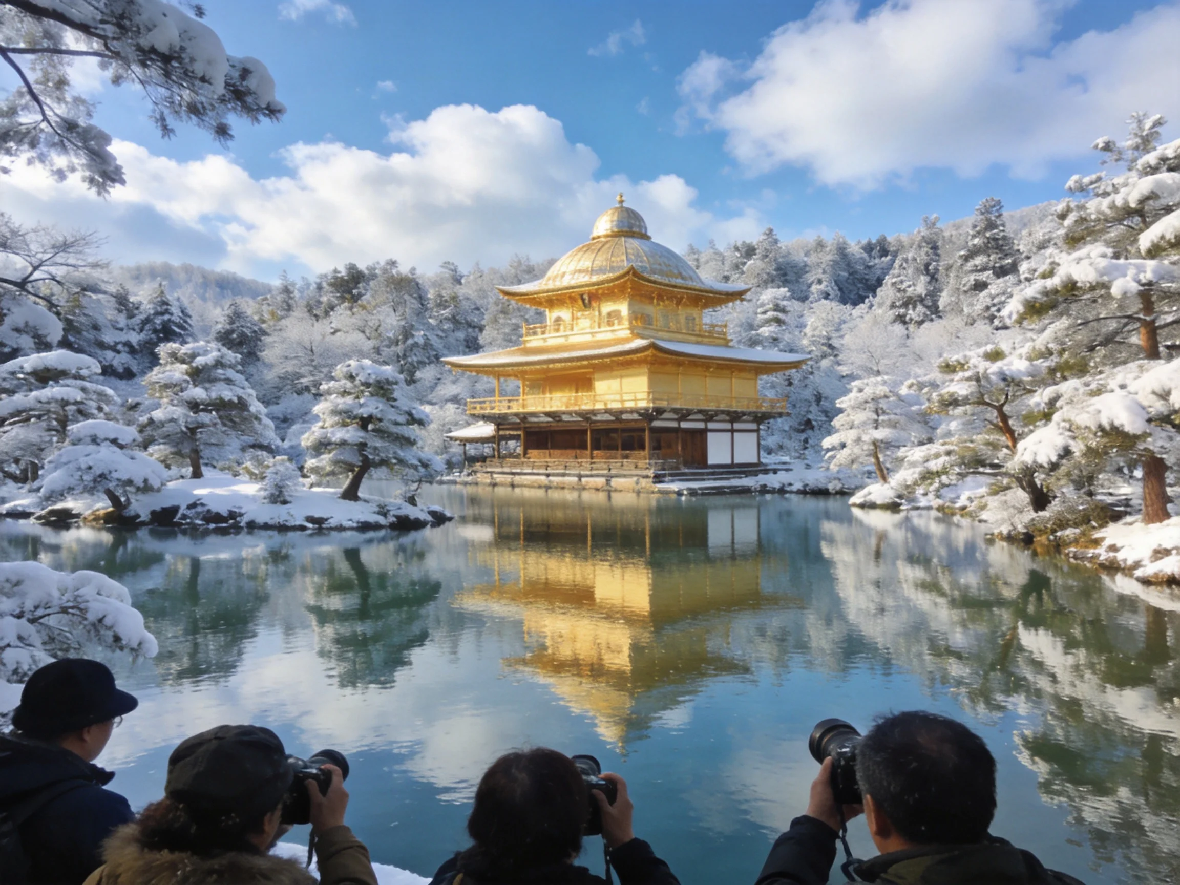 Golden Temple Among Snow-Laden Trees by Reflective Pond