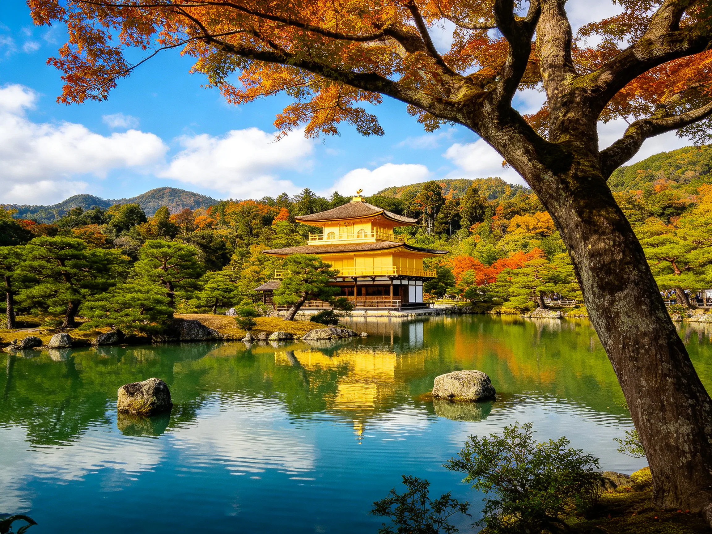 Golden Temple Reflecting in Autumn Pond with Vibrant Foliage