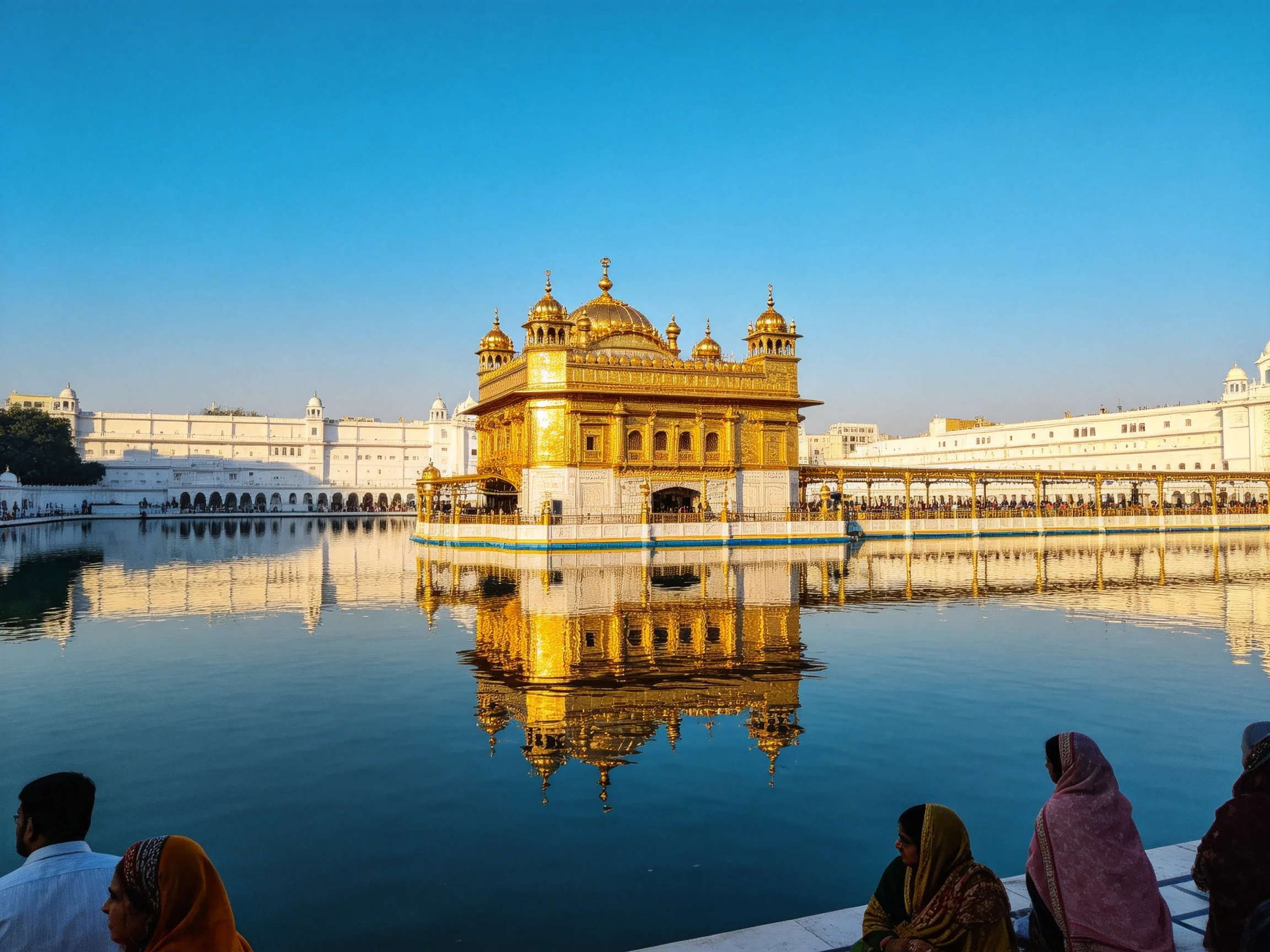 Golden Temple Reflecting in Blue Water with Devotees