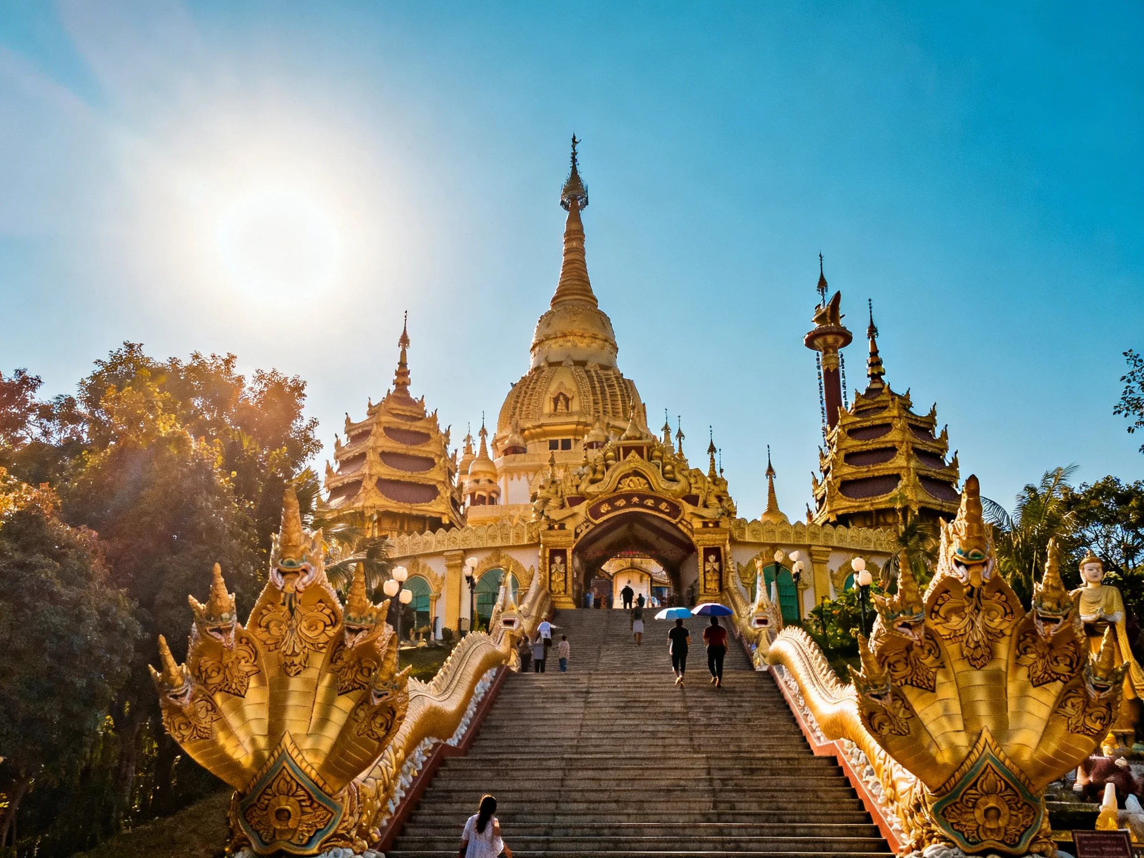 Golden Temple with Elaborate Staircase and Blue Sky