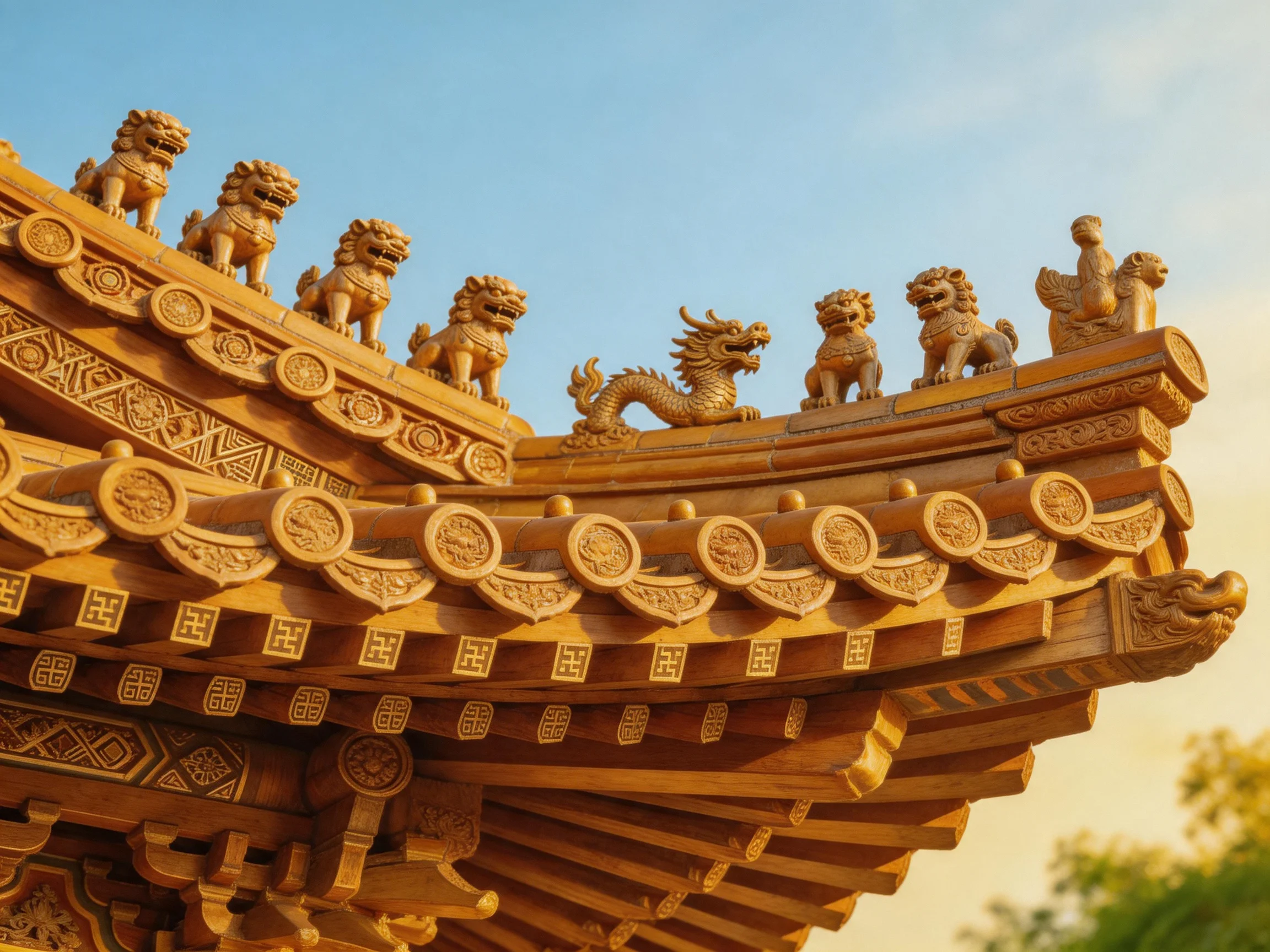 Golden Traditional Roof with Lion and Dragon Statues
