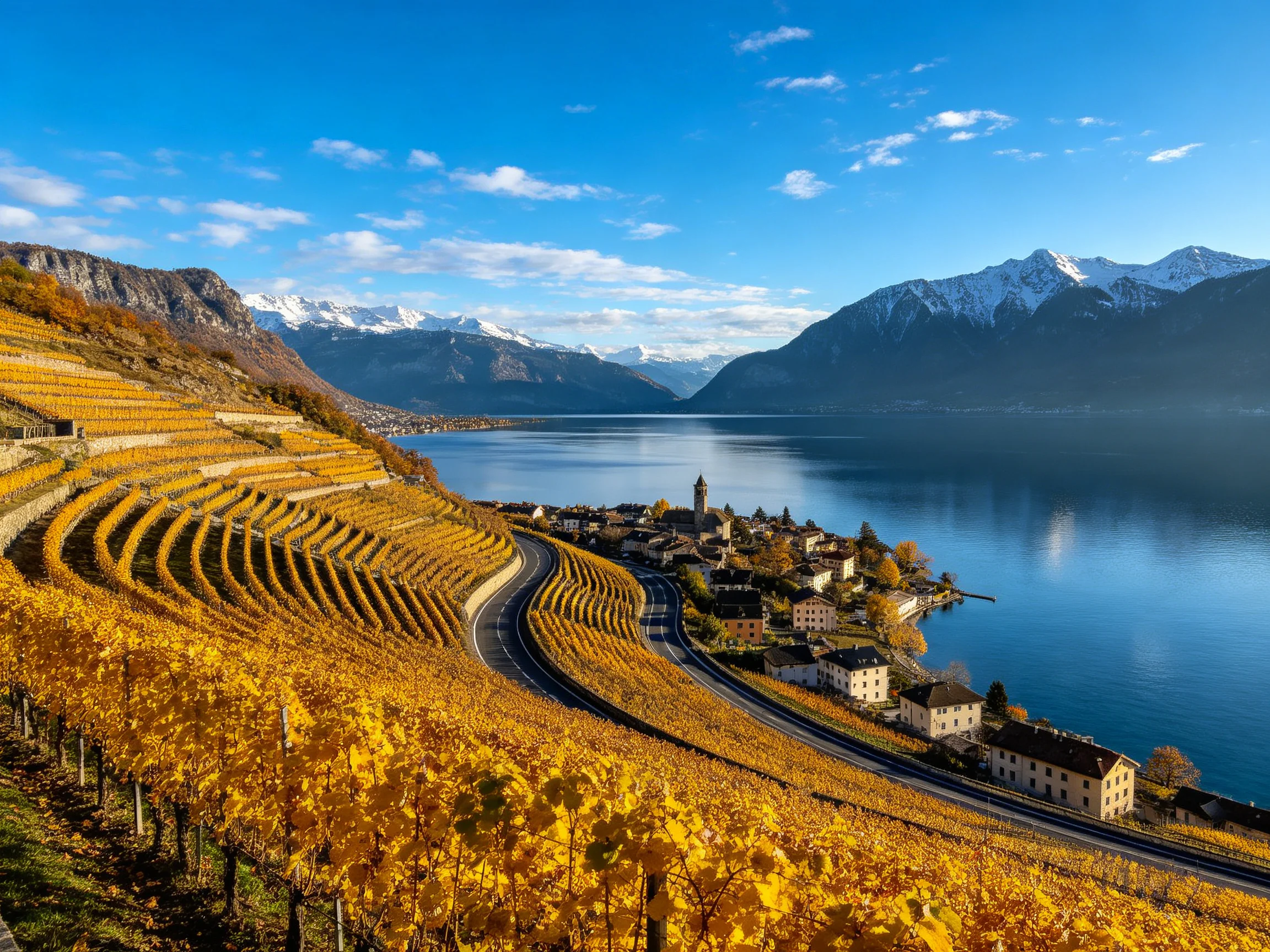 Golden Vineyards Along a Serene Lake with Snow-Capped Mountains