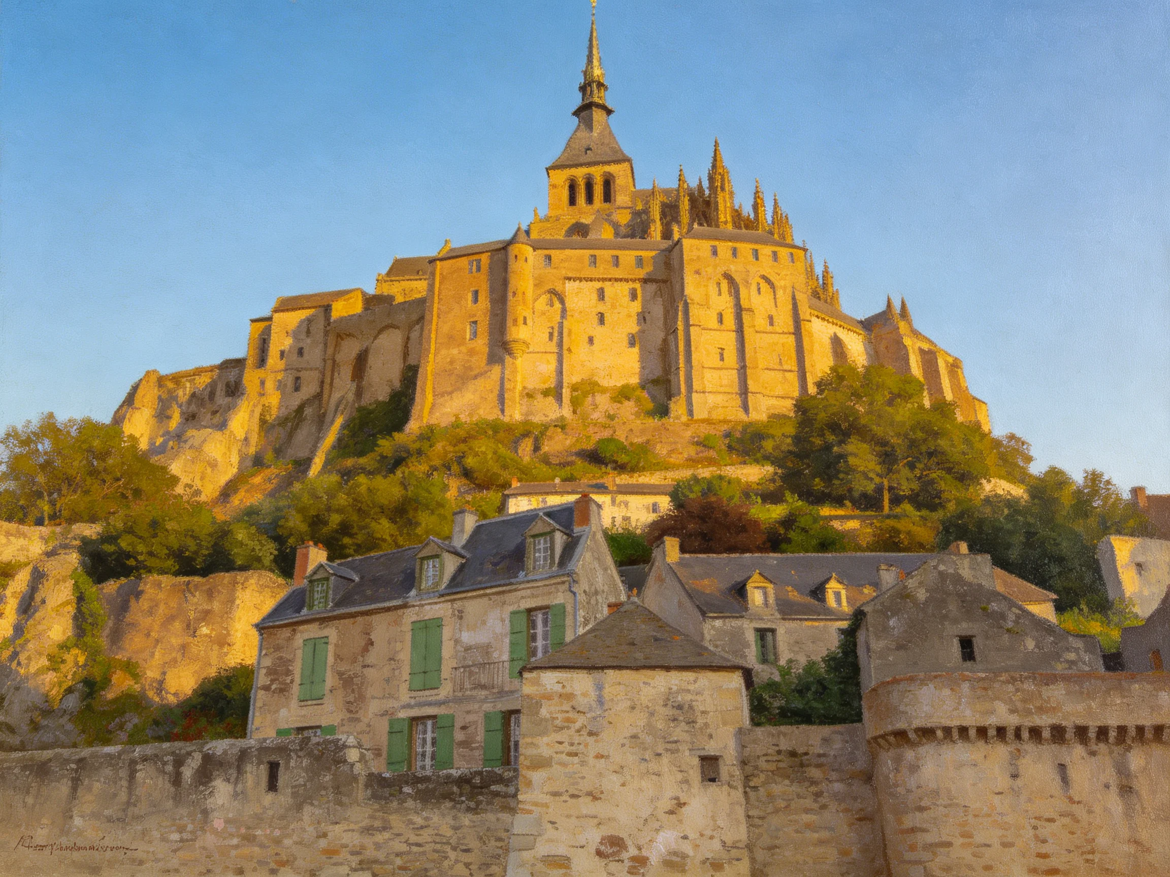 Golden abbey atop rocky hill with stone village below