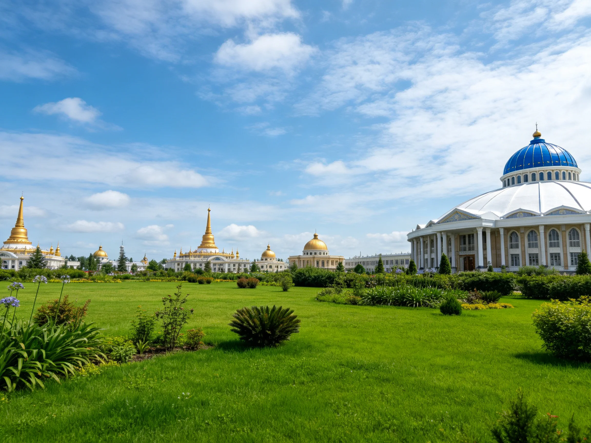 Golden and blue-domed buildings amidst lush green lawn under bright sky