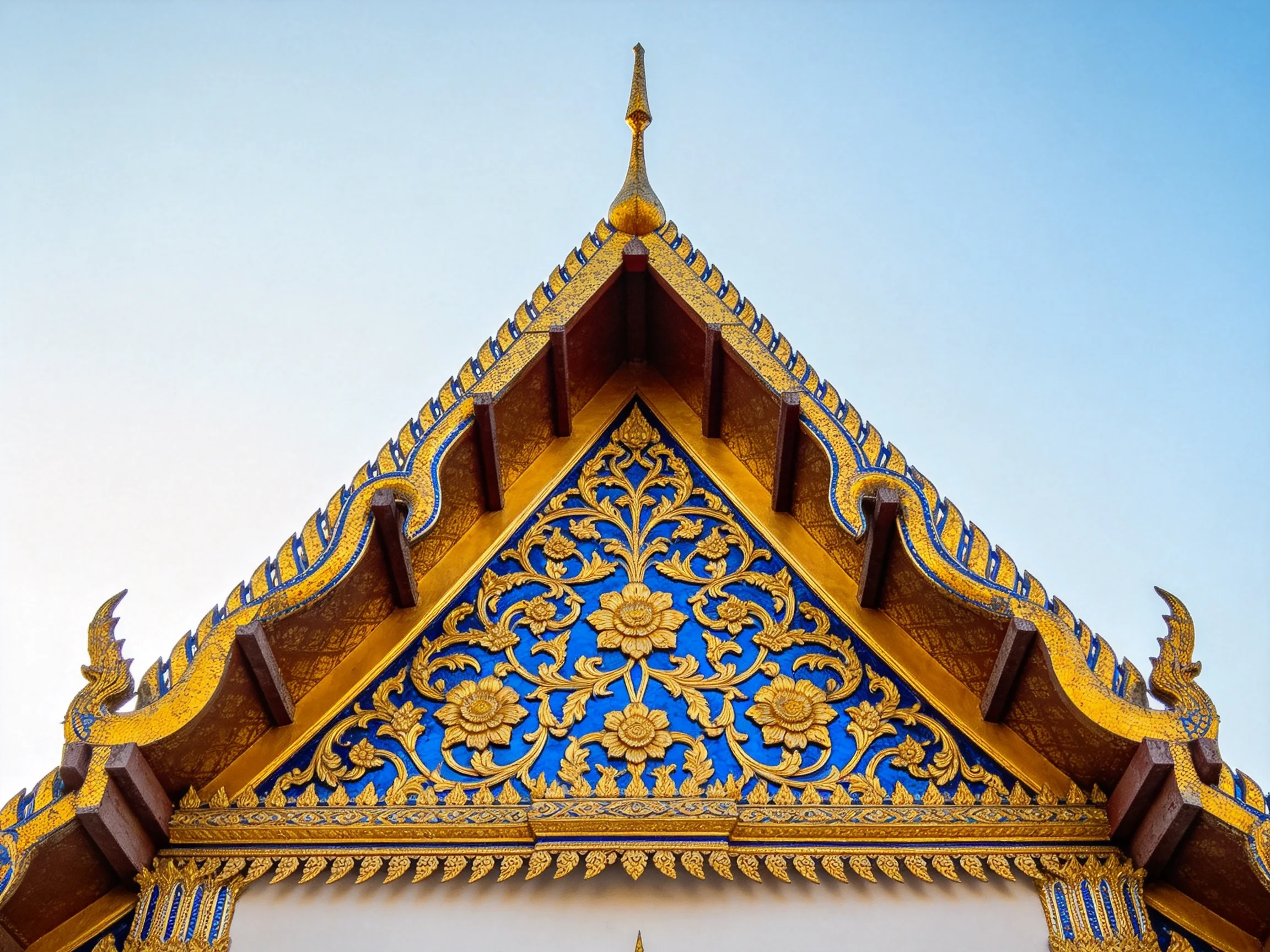 Golden and blue ornate temple gable with intricate floral designs