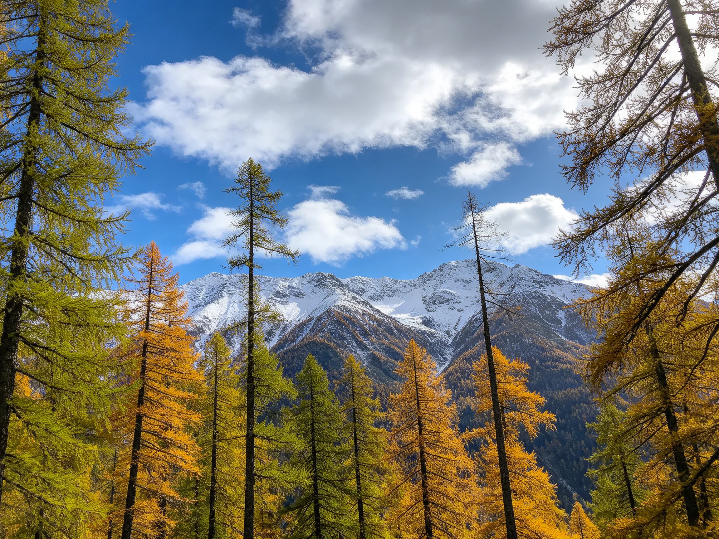 Golden and green larch trees frame snow - capped mountain peaks under bright blue skies