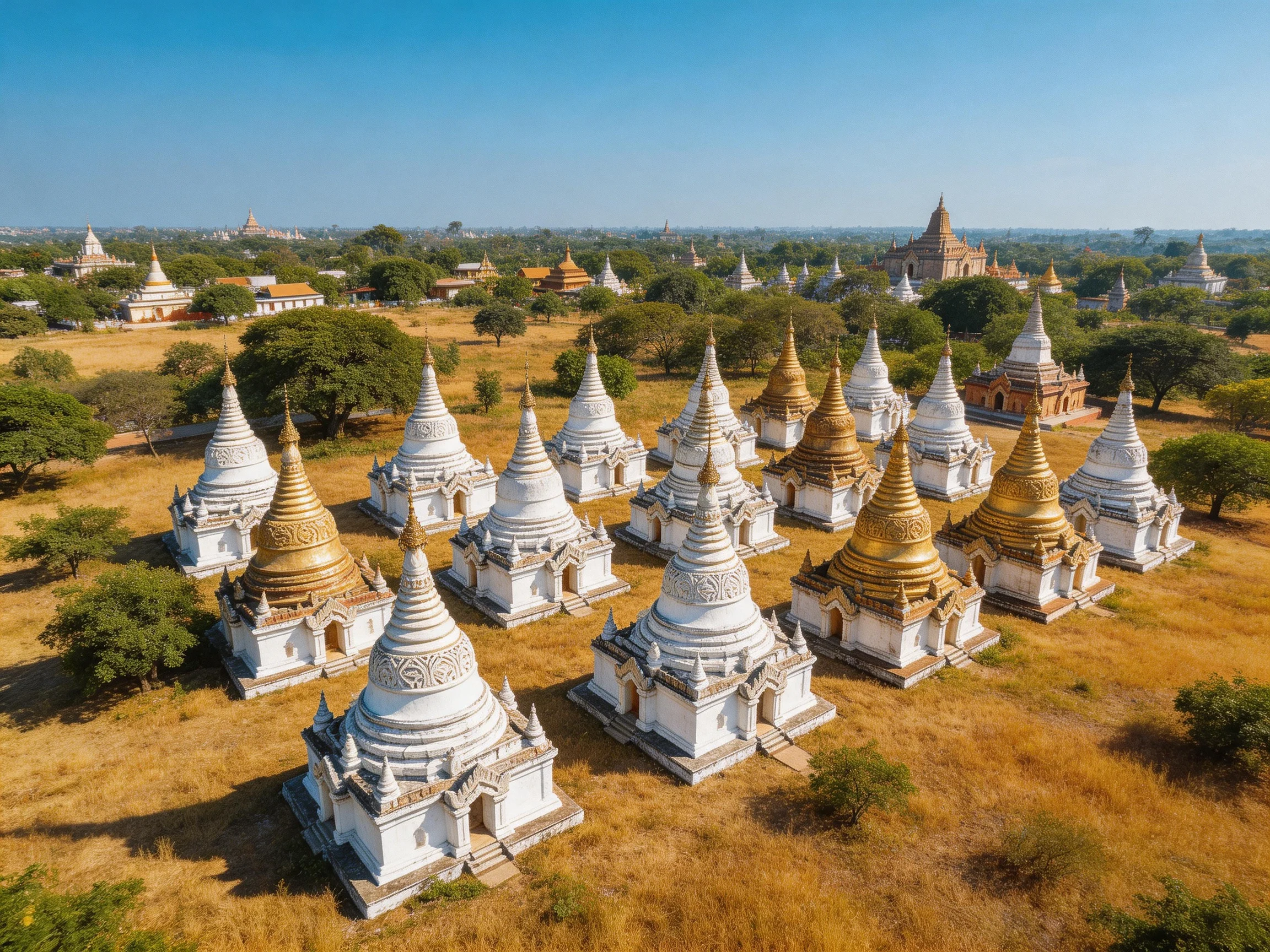 Golden and white pagodas spread across a dry, grassy landscape