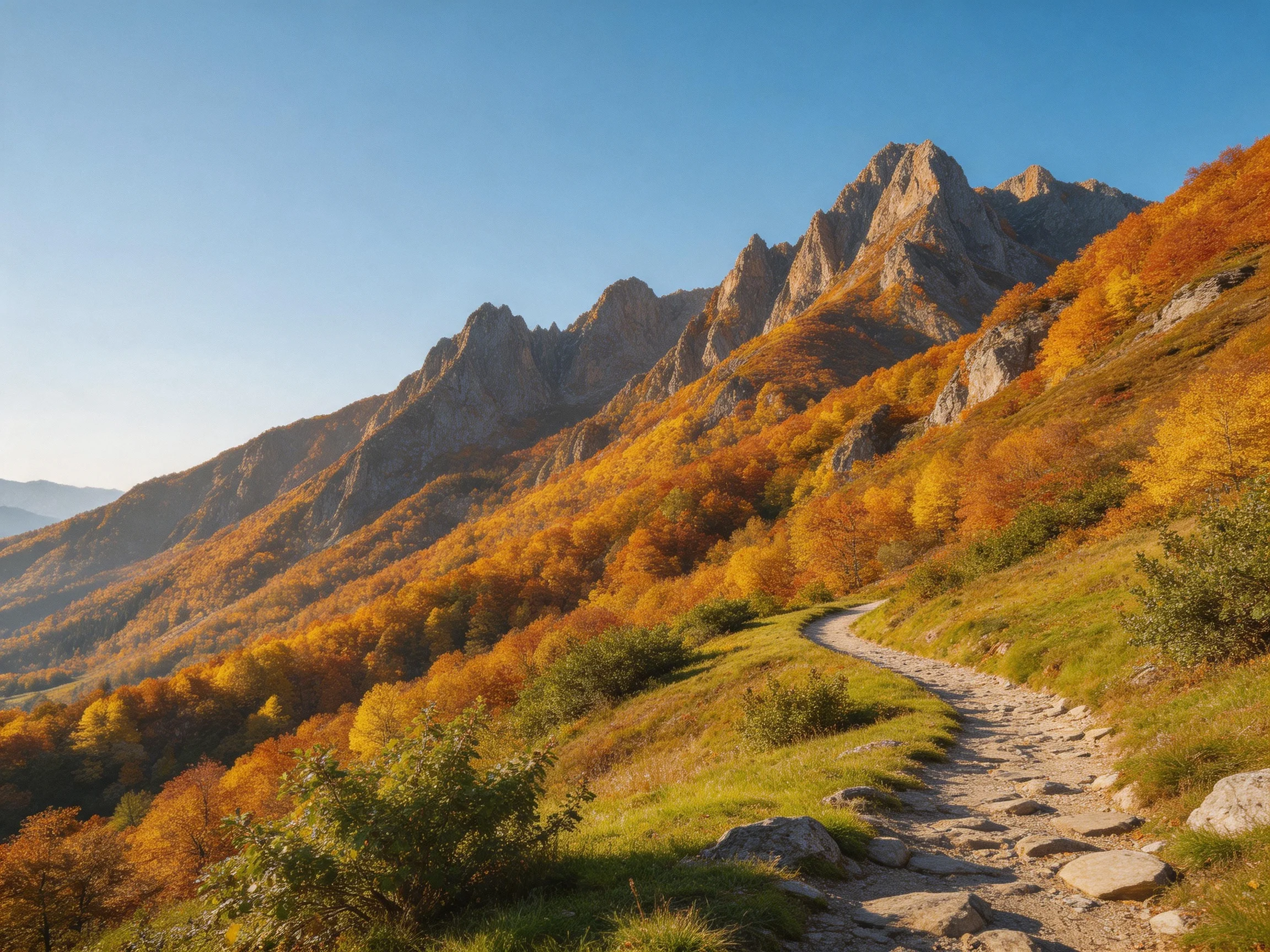 Golden autumn mountains with winding stone trail