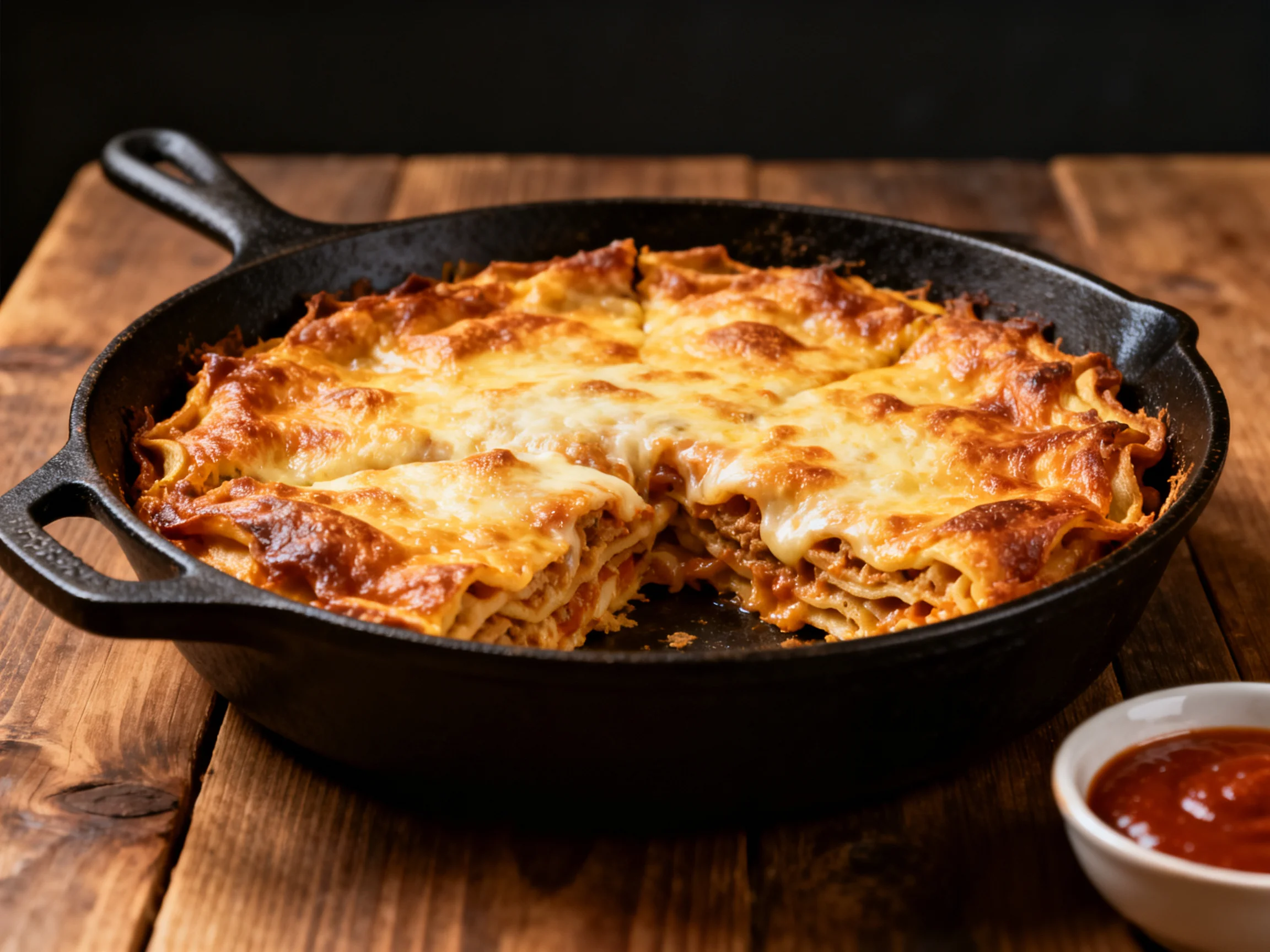 Golden-brown baked lasagna in a black cast iron skillet with marinara