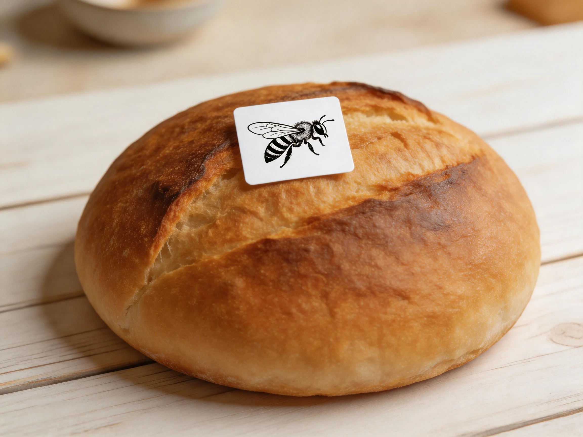 Golden-brown round bread loaf with a black bee sticker