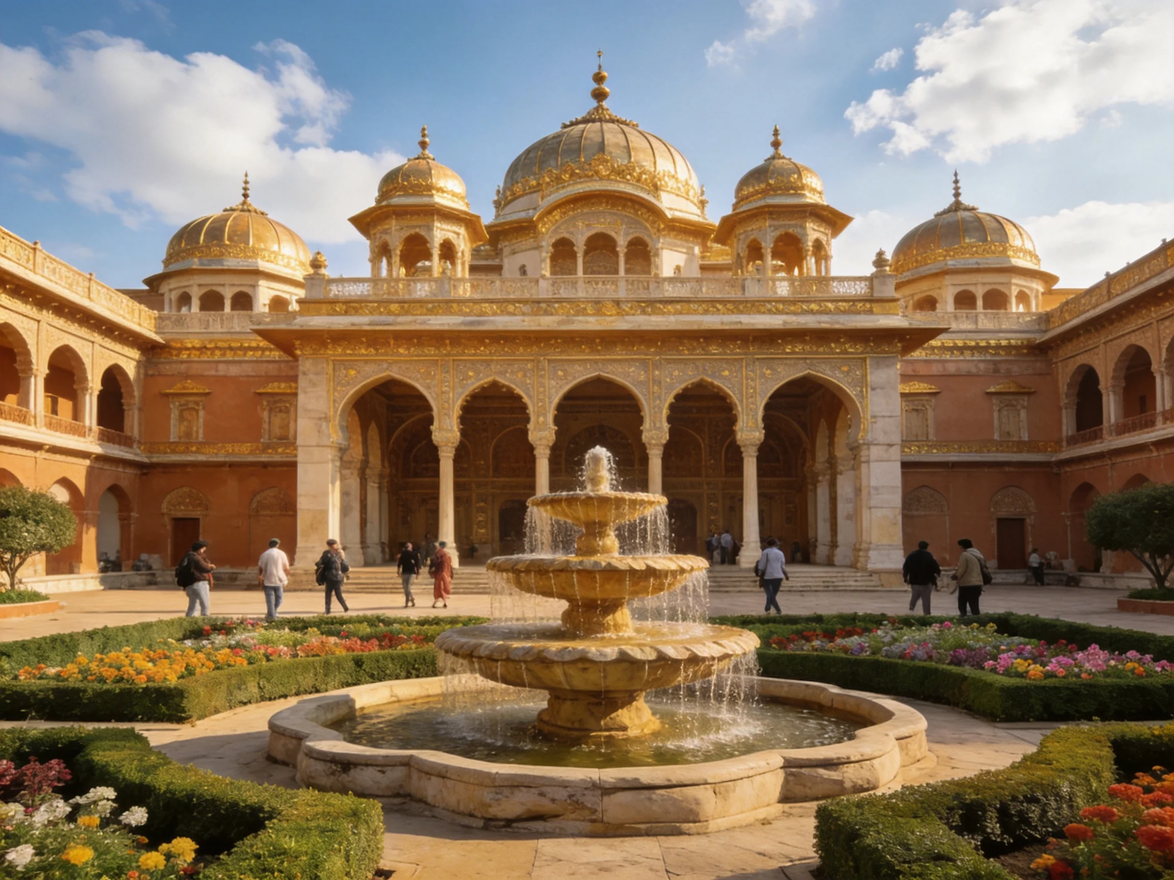 Golden - domed Palace with Tiered Fountain and Colorful Gardens