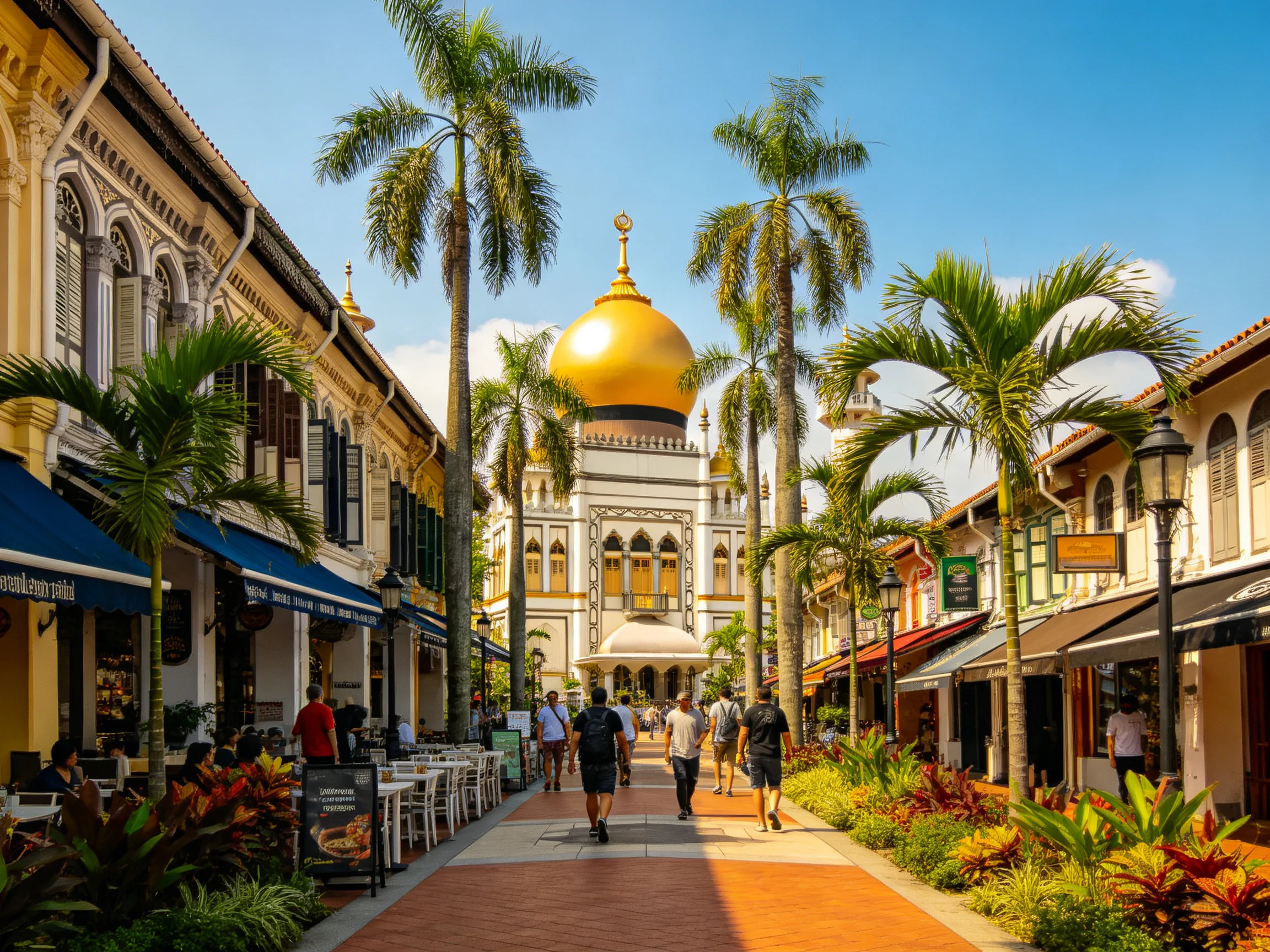 Golden-domed mosque among colonial buildings and palm trees