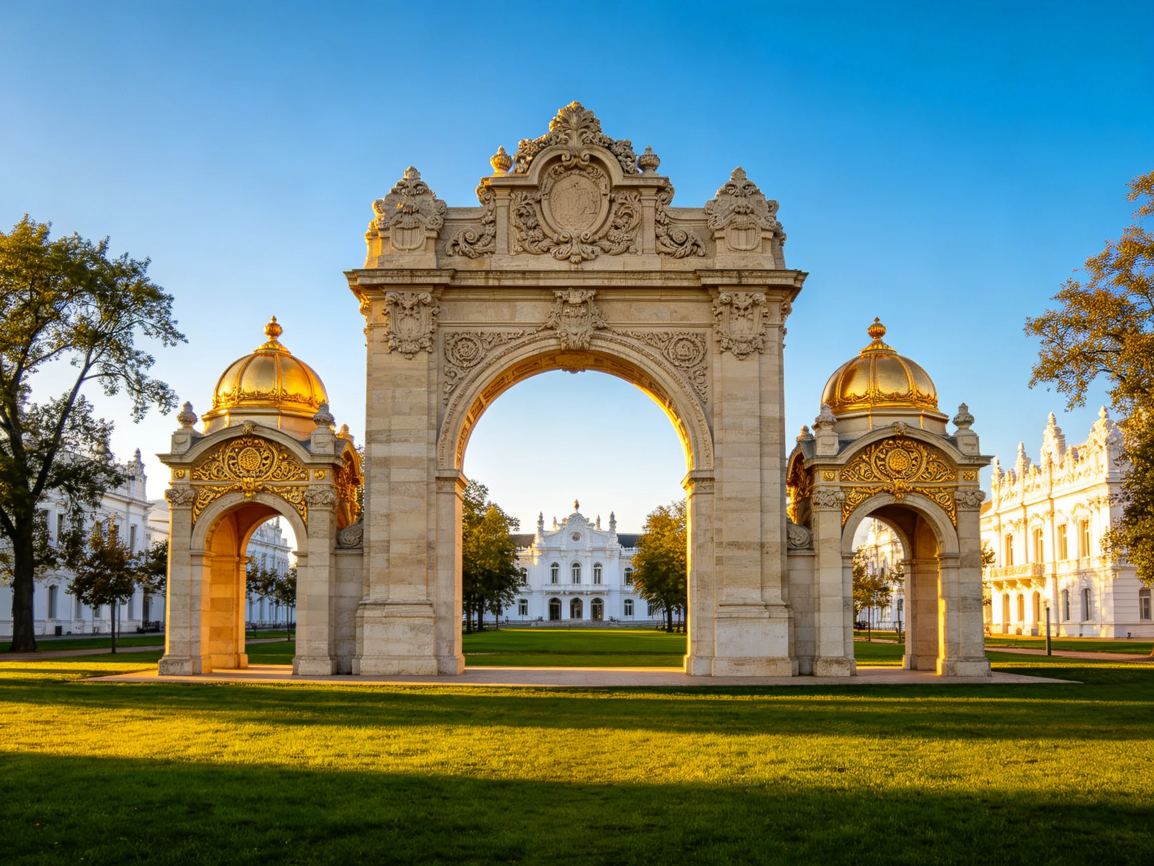 Golden-domed ornate stone arch near white historical buildings