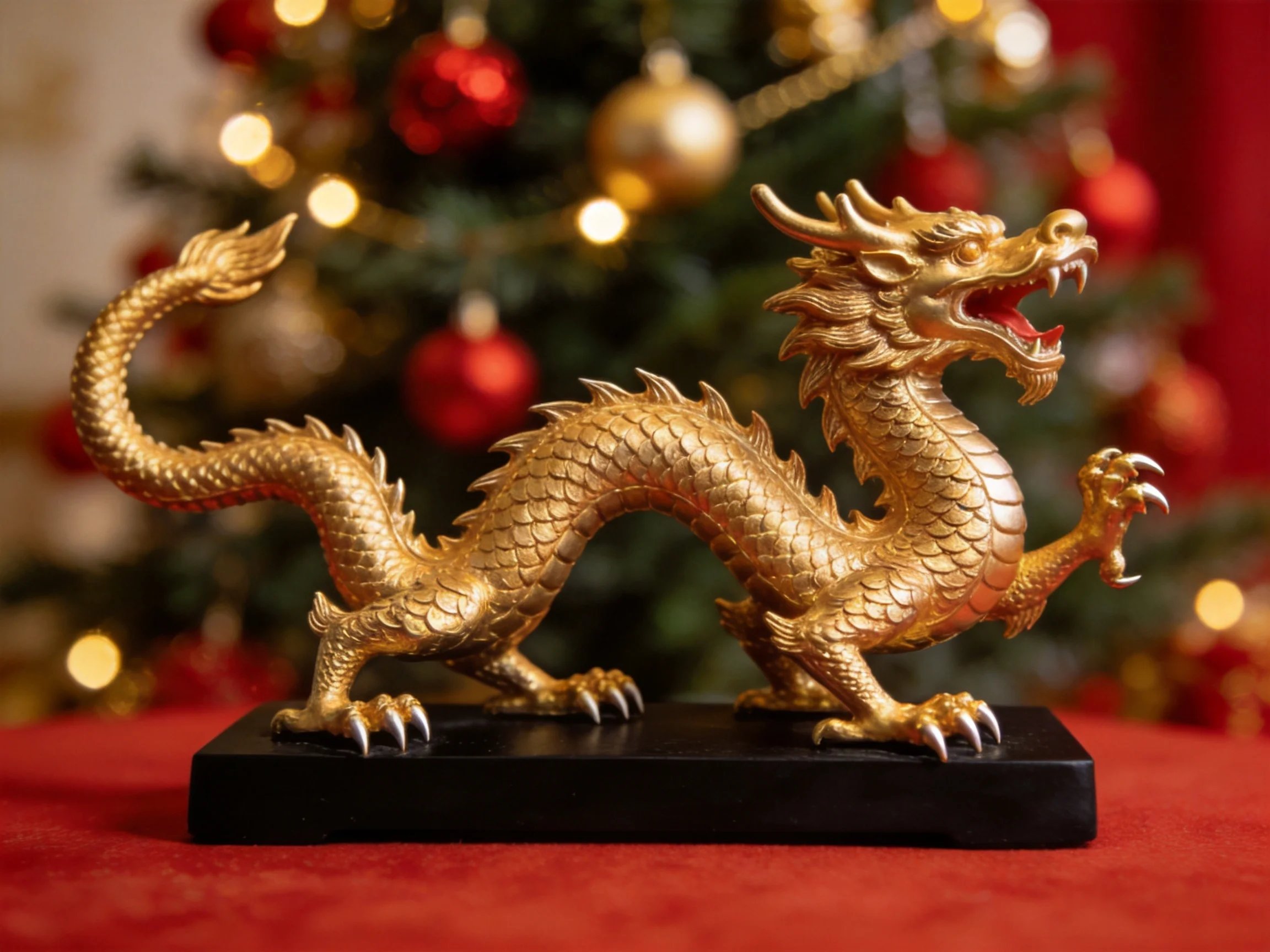 Golden dragon figurine on black base near decorated Christmas tree