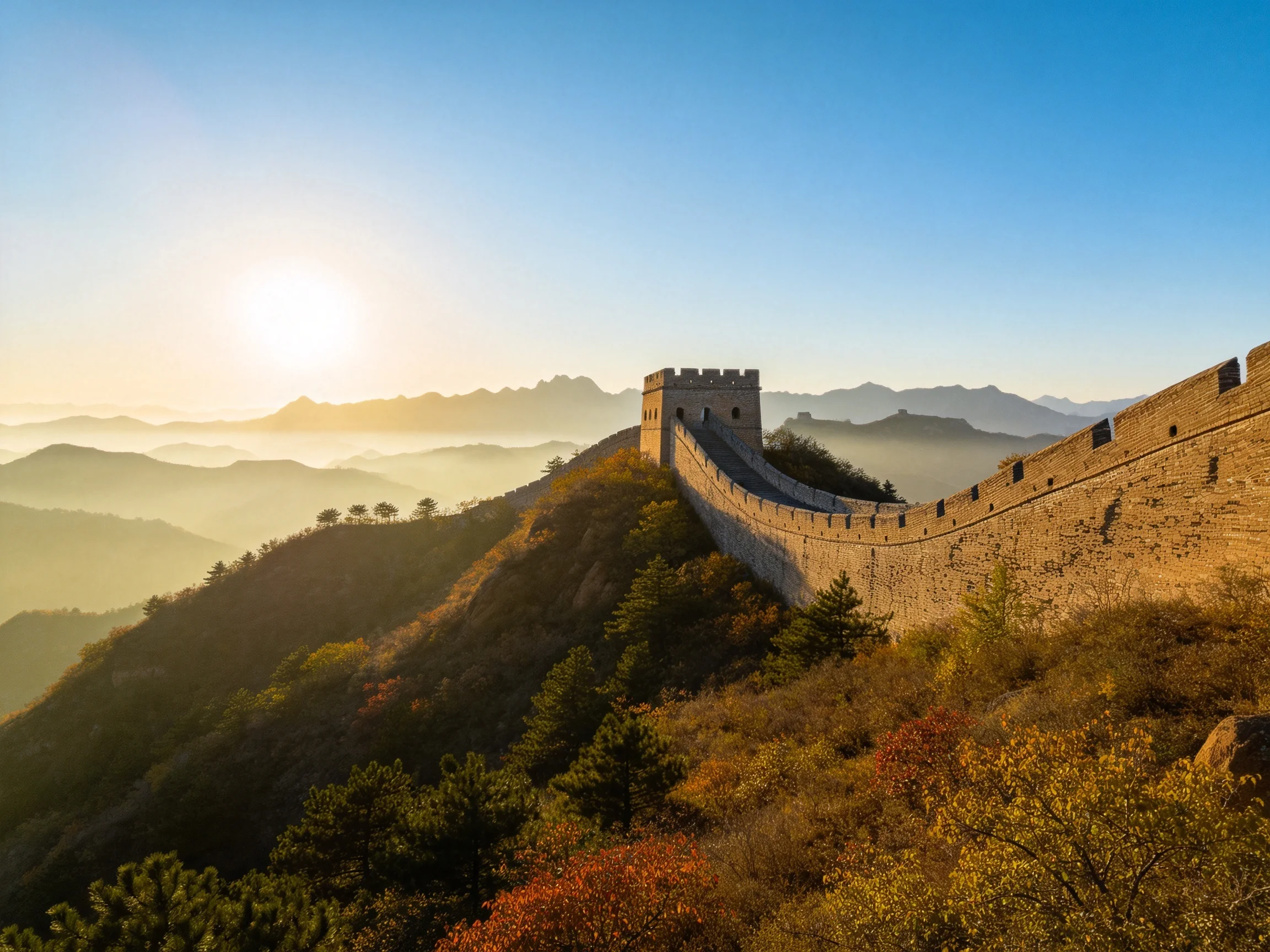Golden-hour view of the Great Wall winding through mountainous terrain with autumn foliage