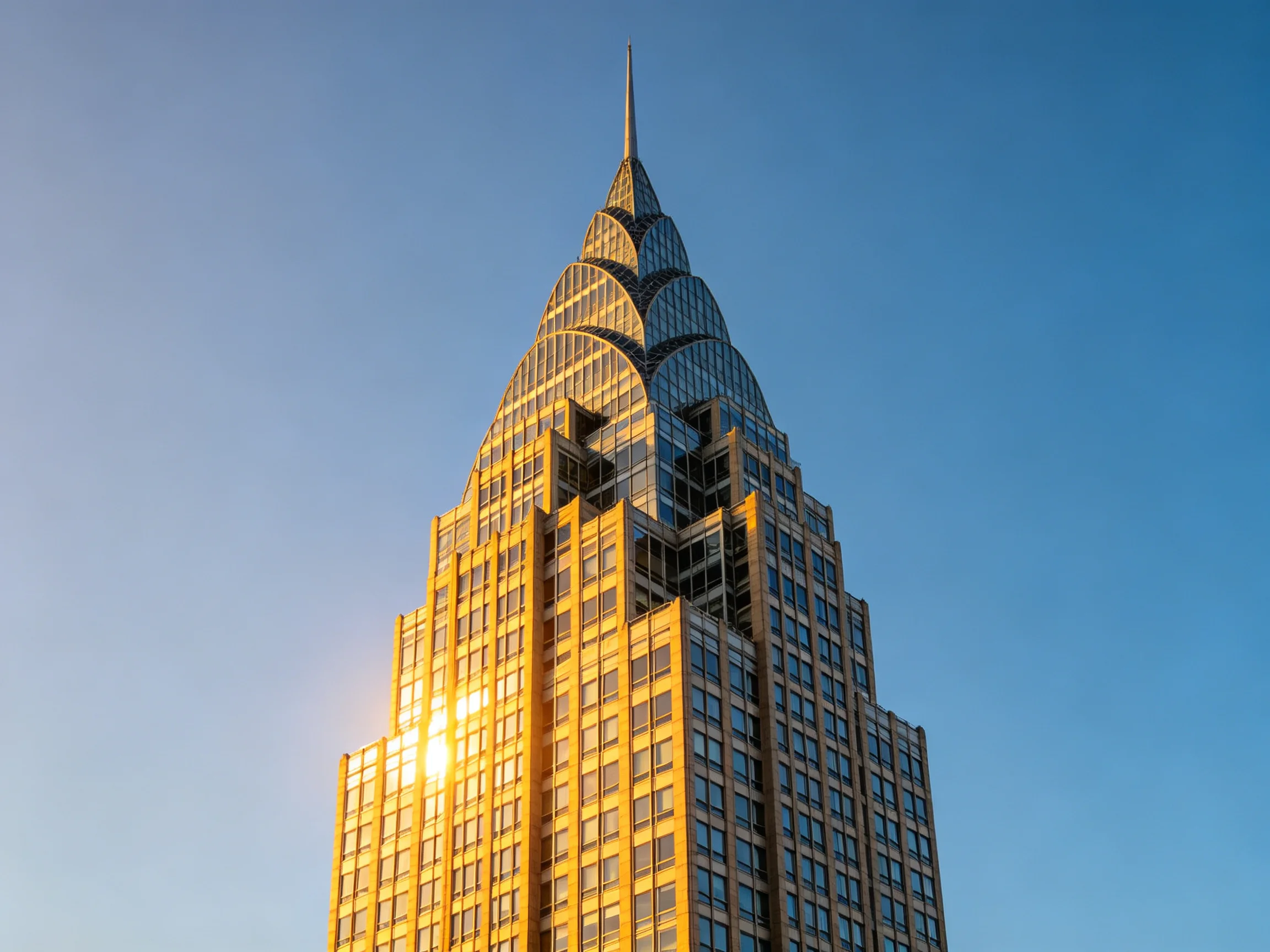 Golden-hued Chrysler Building with Art Deco Spire Under Clear Blue Sky