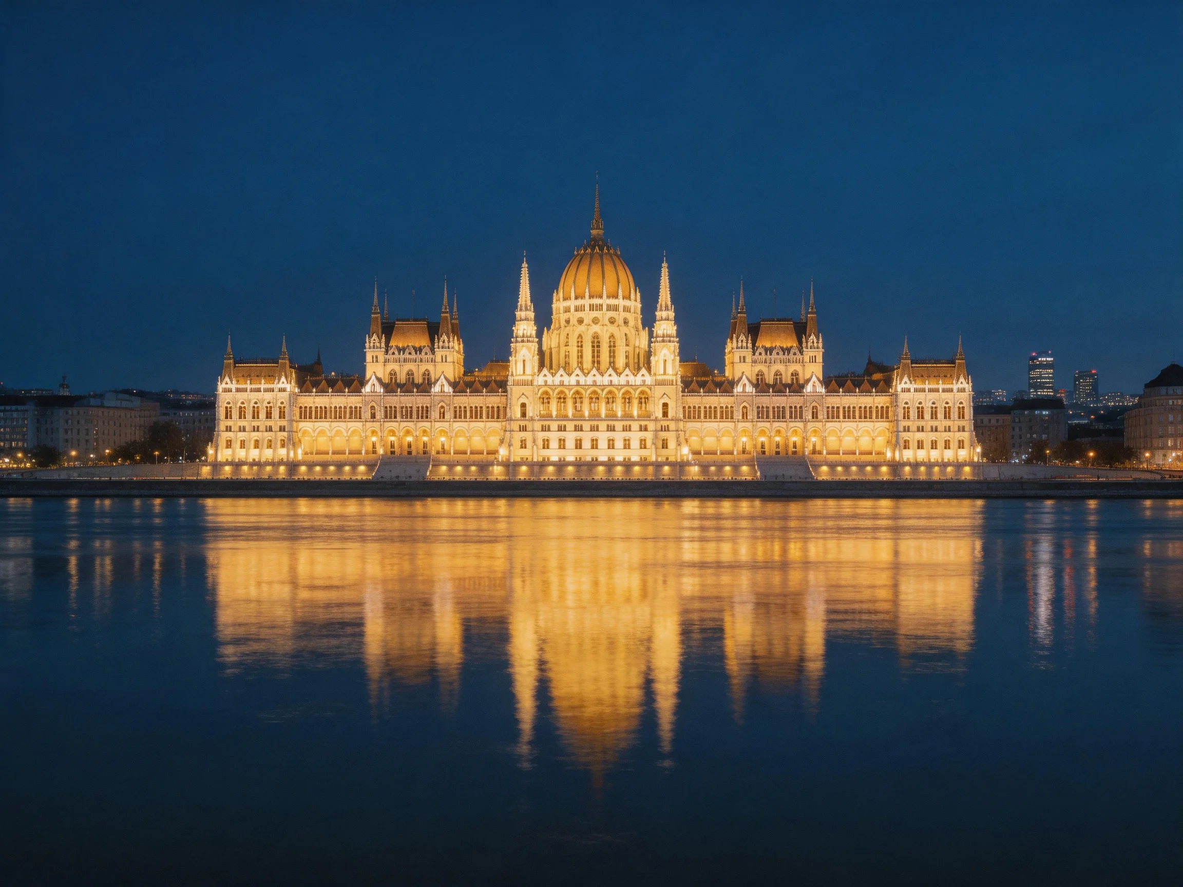 Golden-hued Hungarian Parliament Building Reflects on the Danube at Night