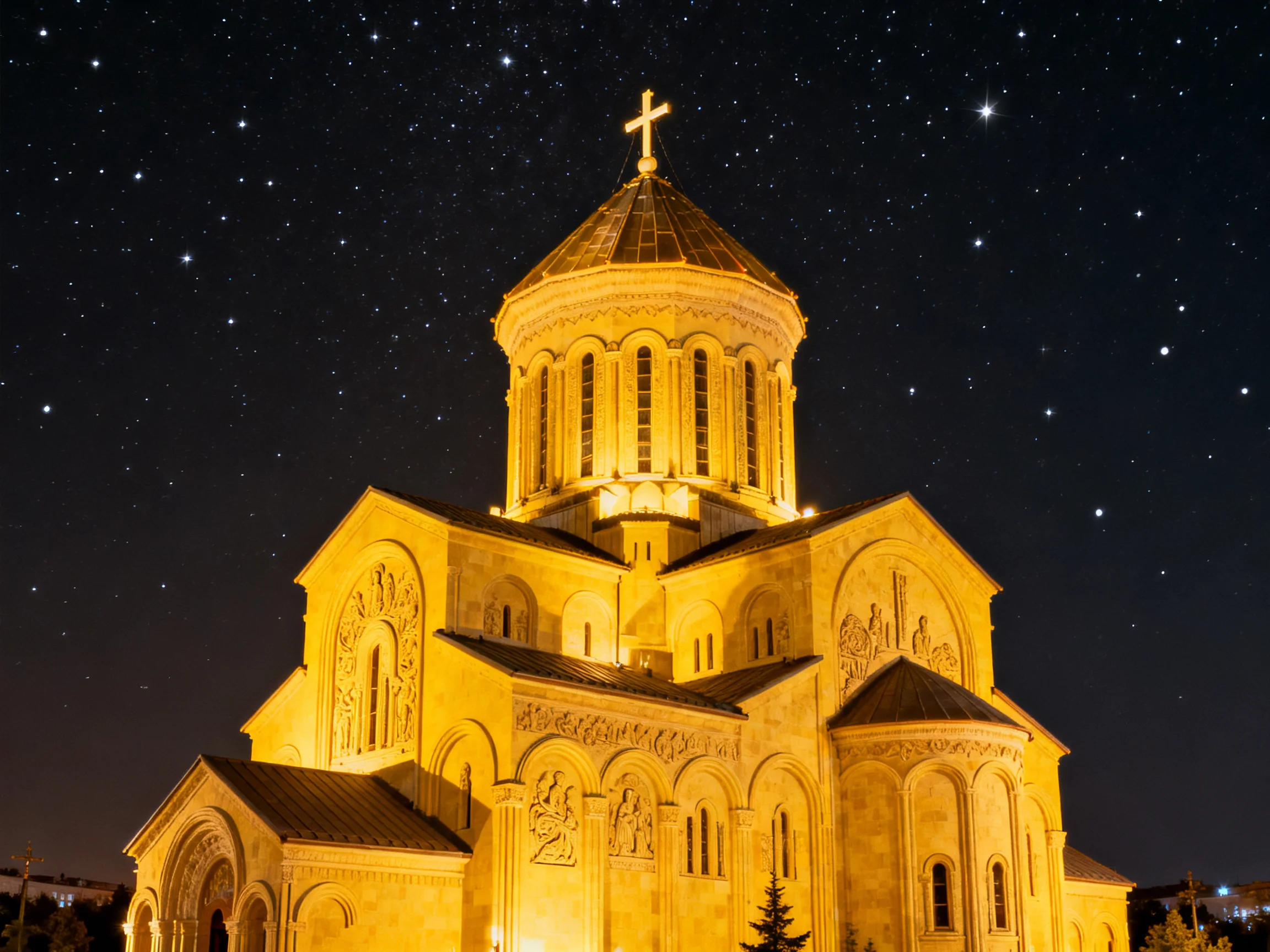 Golden-hued ancient cathedral illuminated against starry night sky
