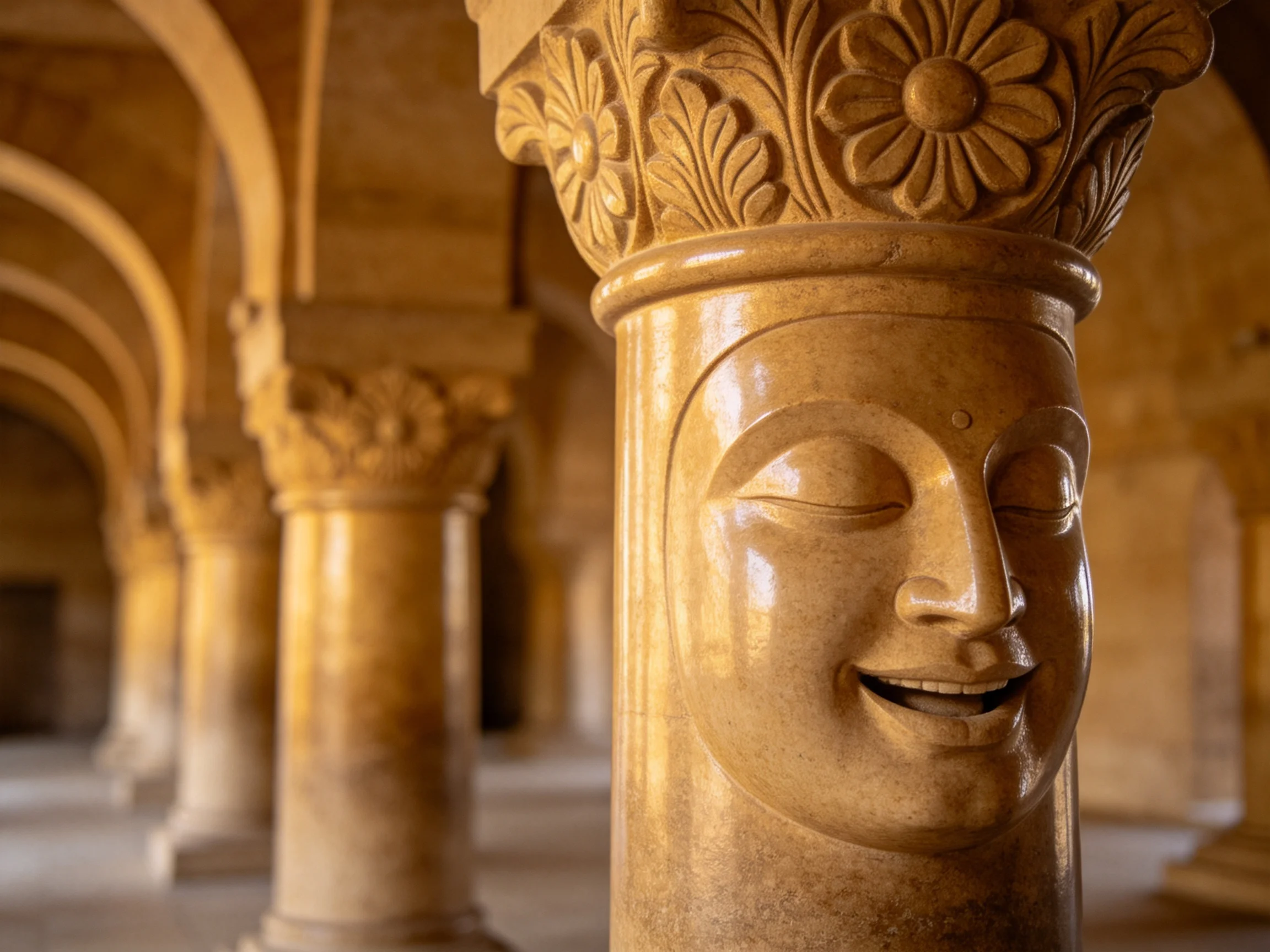 Golden-hued carved stone columns in ancient architectural corridor