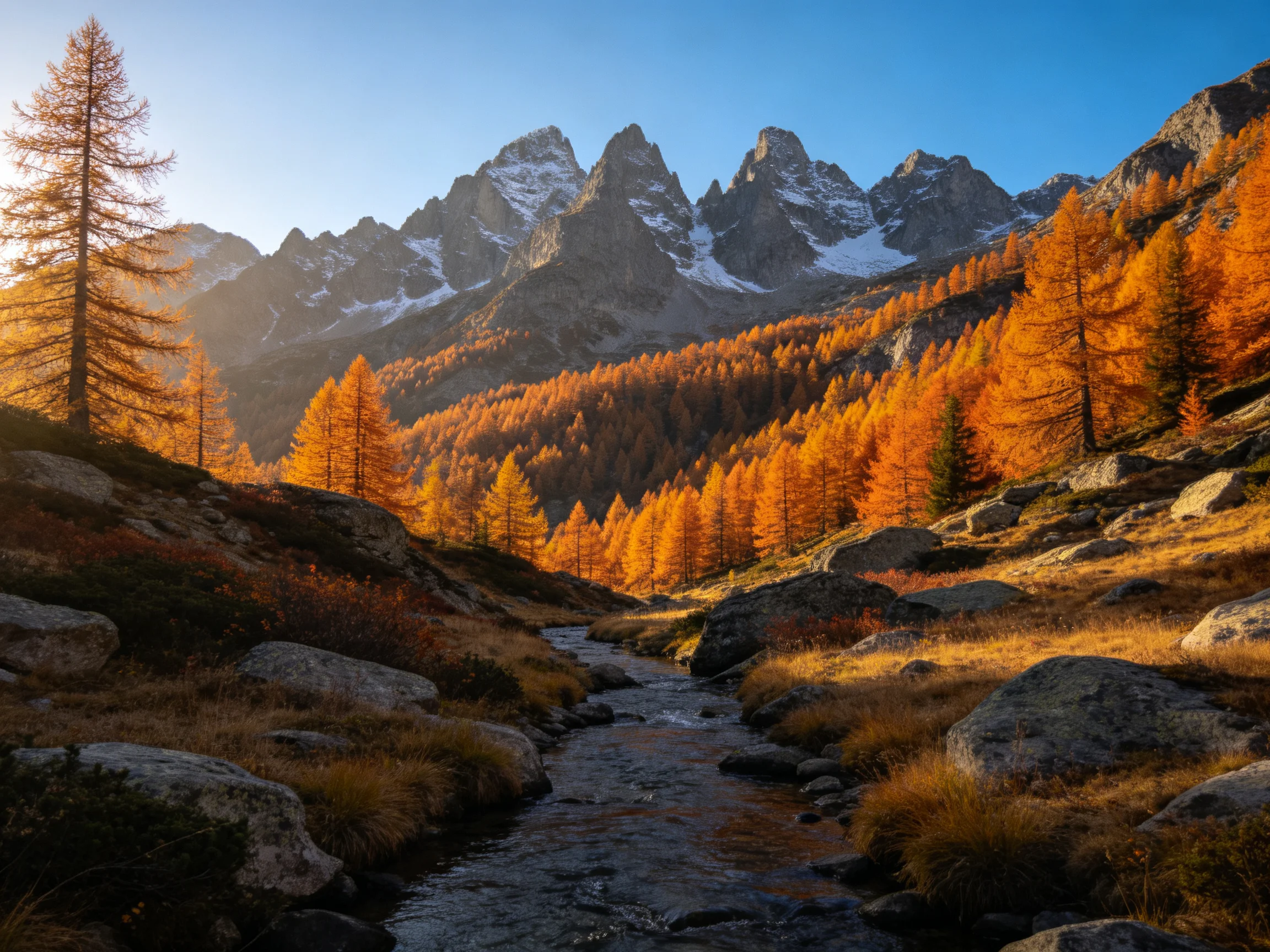 Golden larch forest, rocky stream, snow-capped mountain range