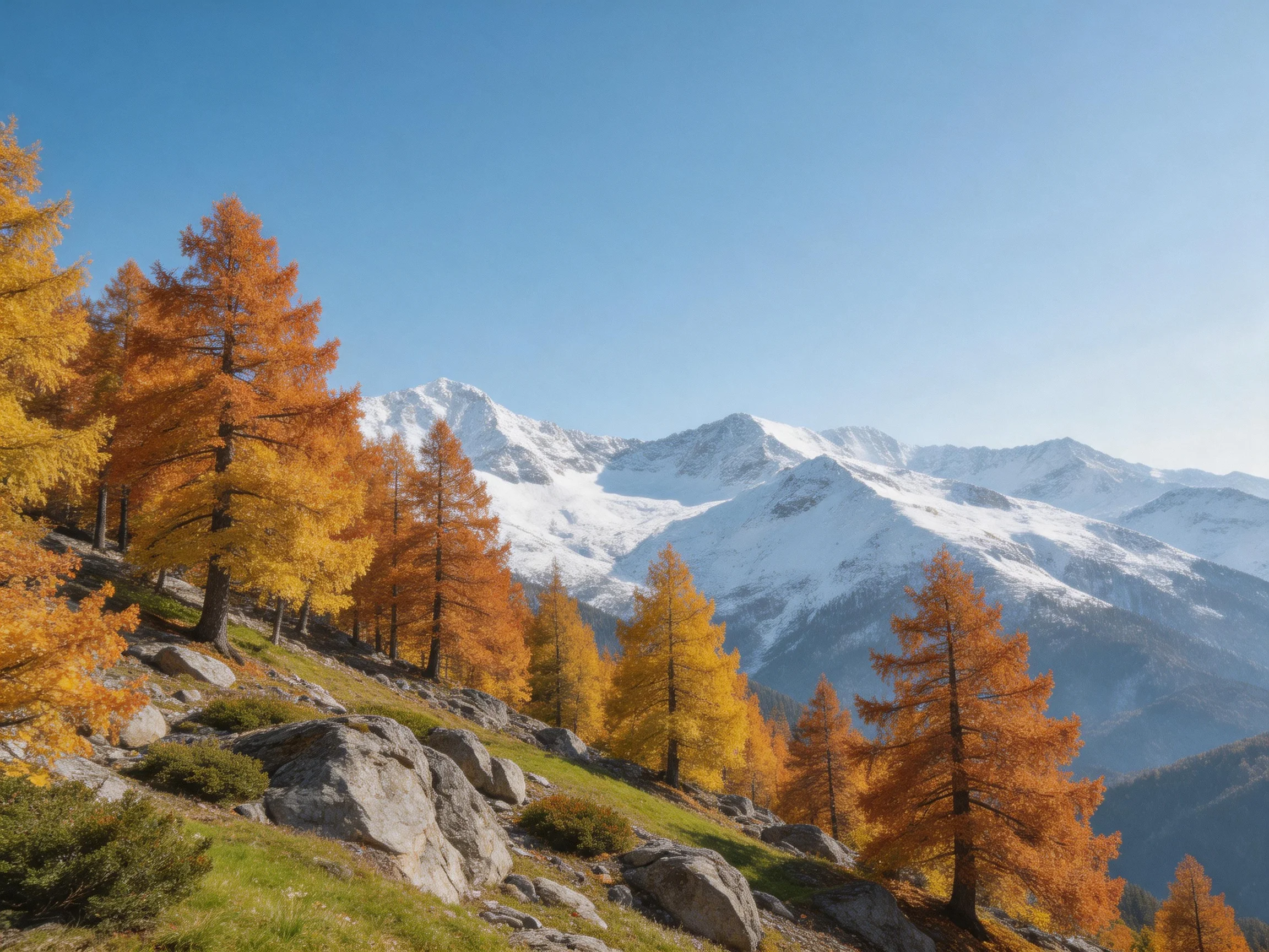 Golden larch trees are scattered among rocks near tall snow - covered mountains