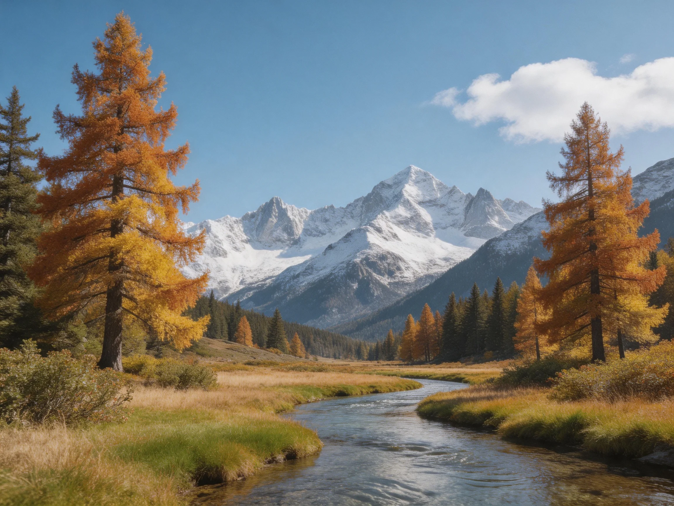 Golden larches frame a winding stream near snow-capped peaks