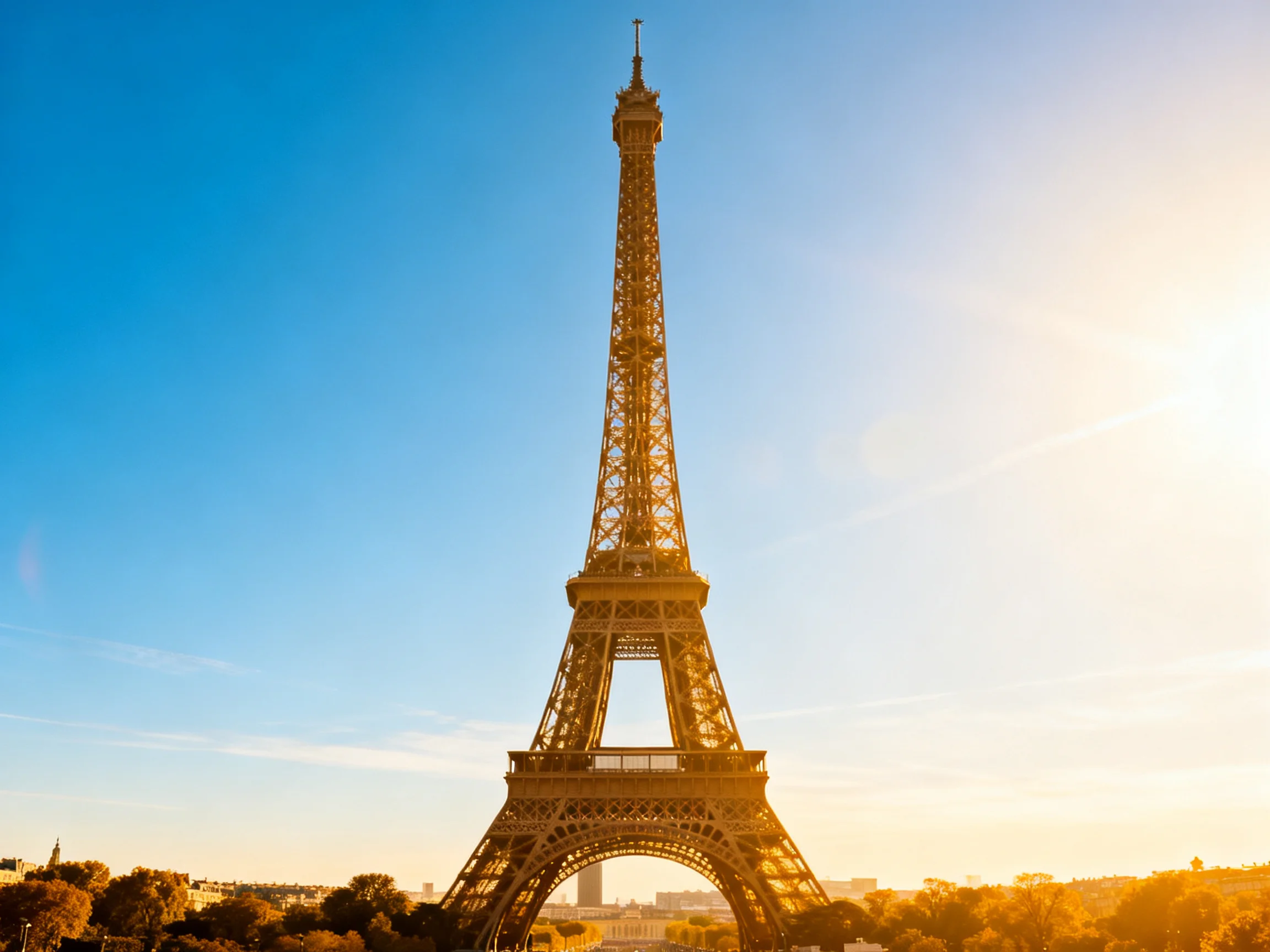 Golden-lit Eiffel Tower against clear blue sky