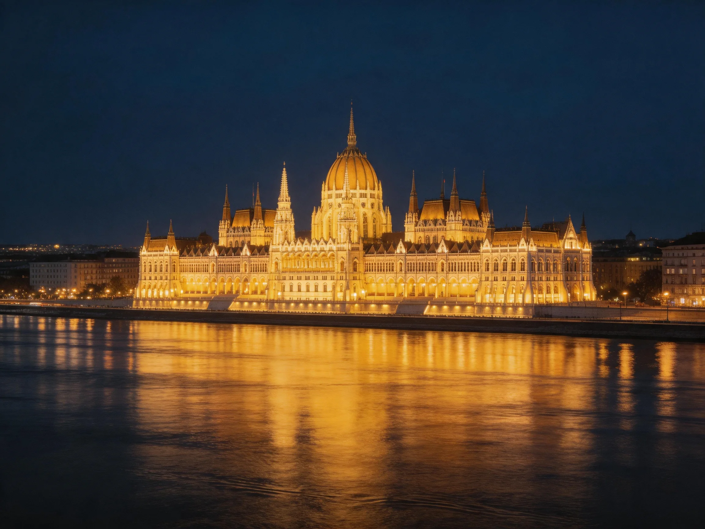 Golden-lit Hungarian Parliament Building Reflecting on the Danube at Night