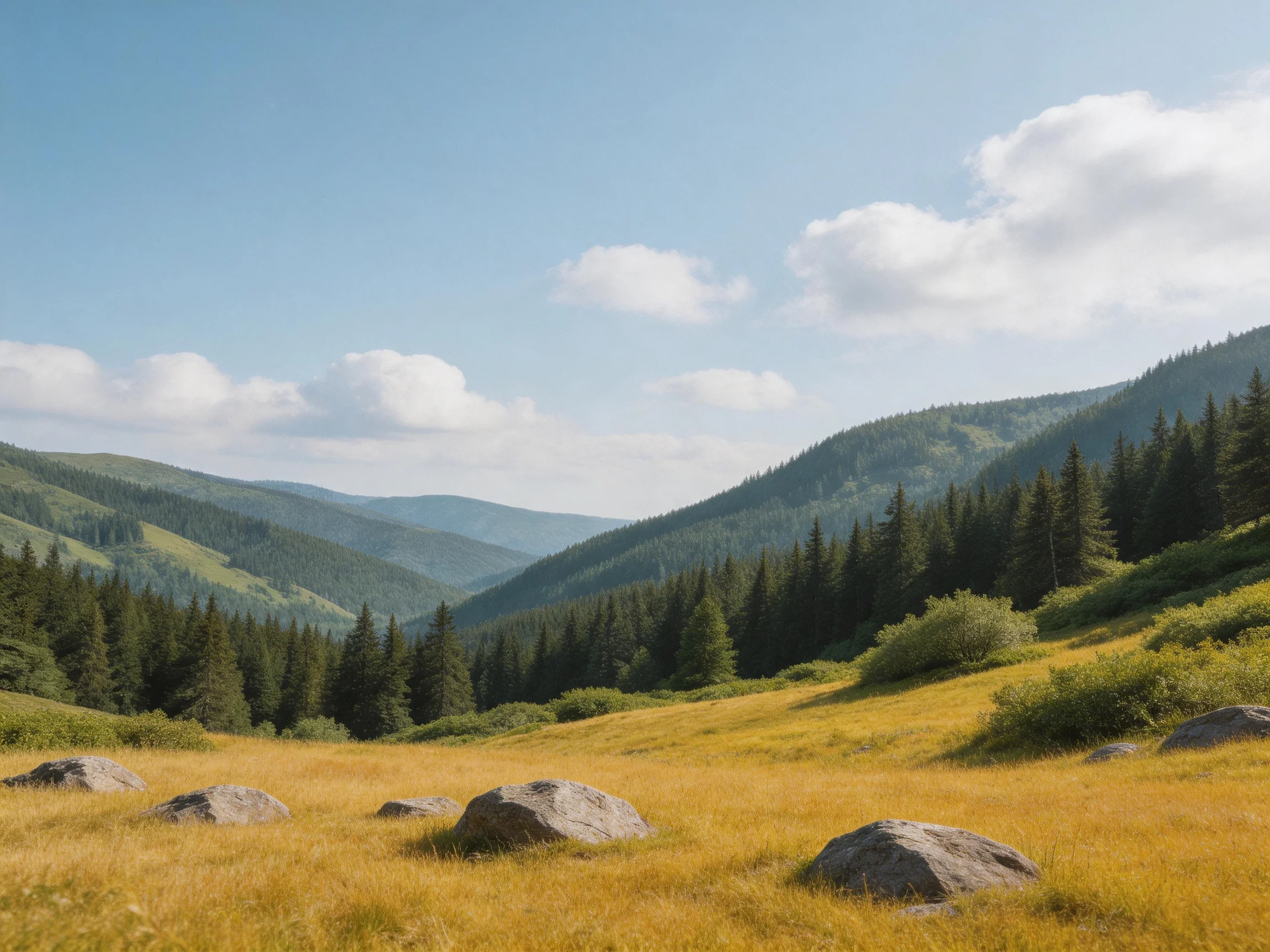 Golden meadow with scattered rocks, forested rolling hills under bright blue sky