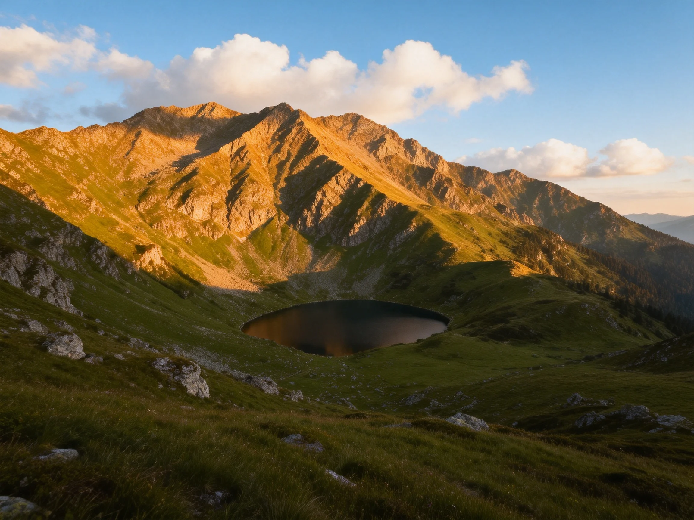 Golden mountain peaks encircle a serene alpine lake
