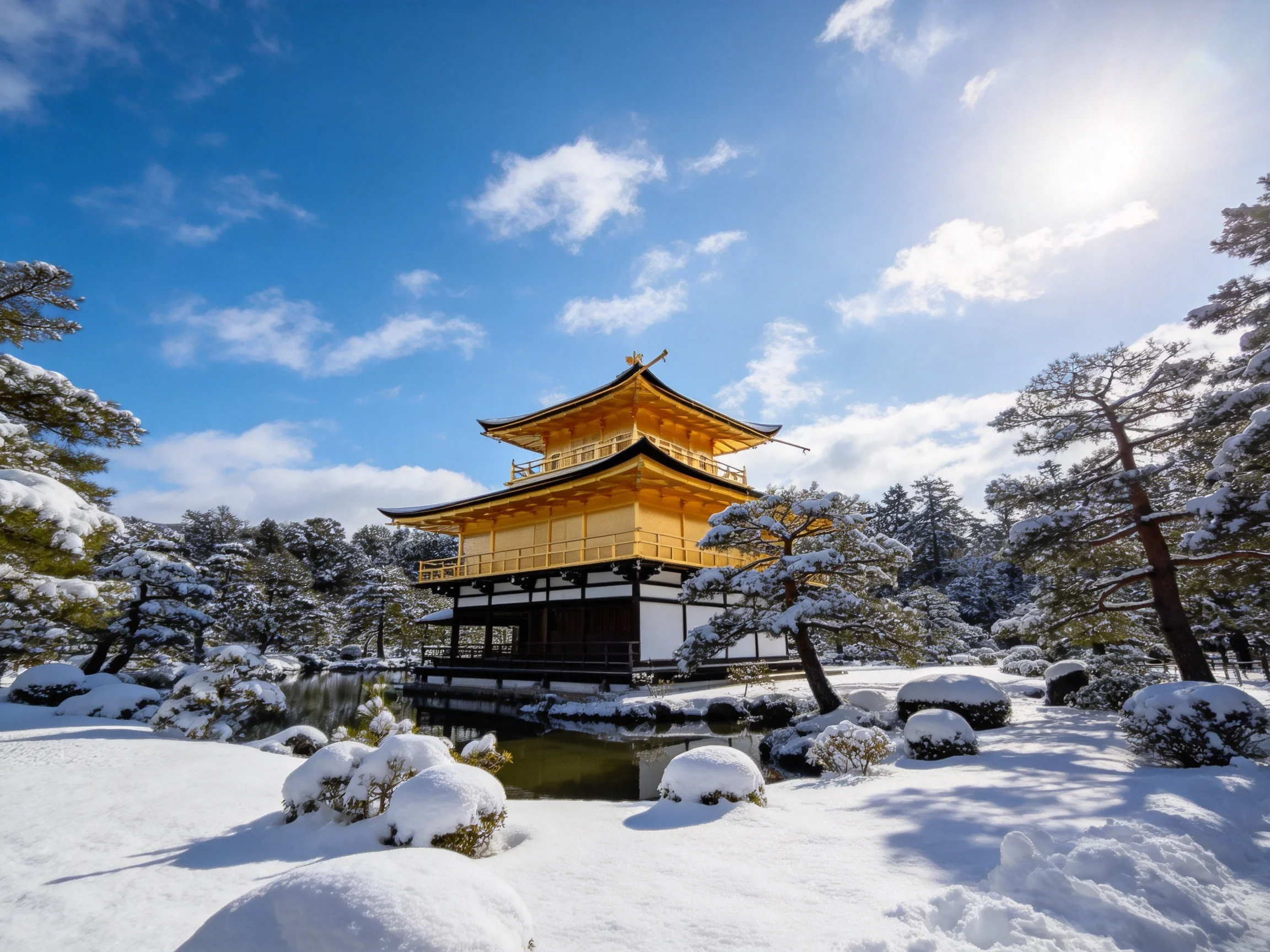 Golden pagoda in a snow-draped serene landscape