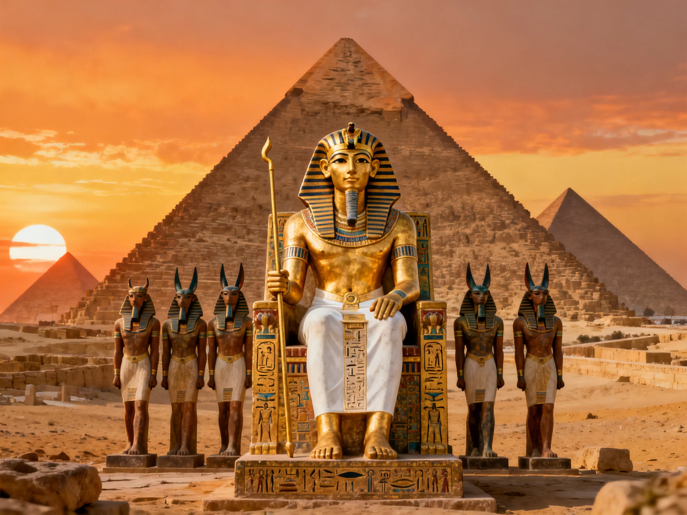 Golden pharaoh statue beside ancient pyramids at sunset