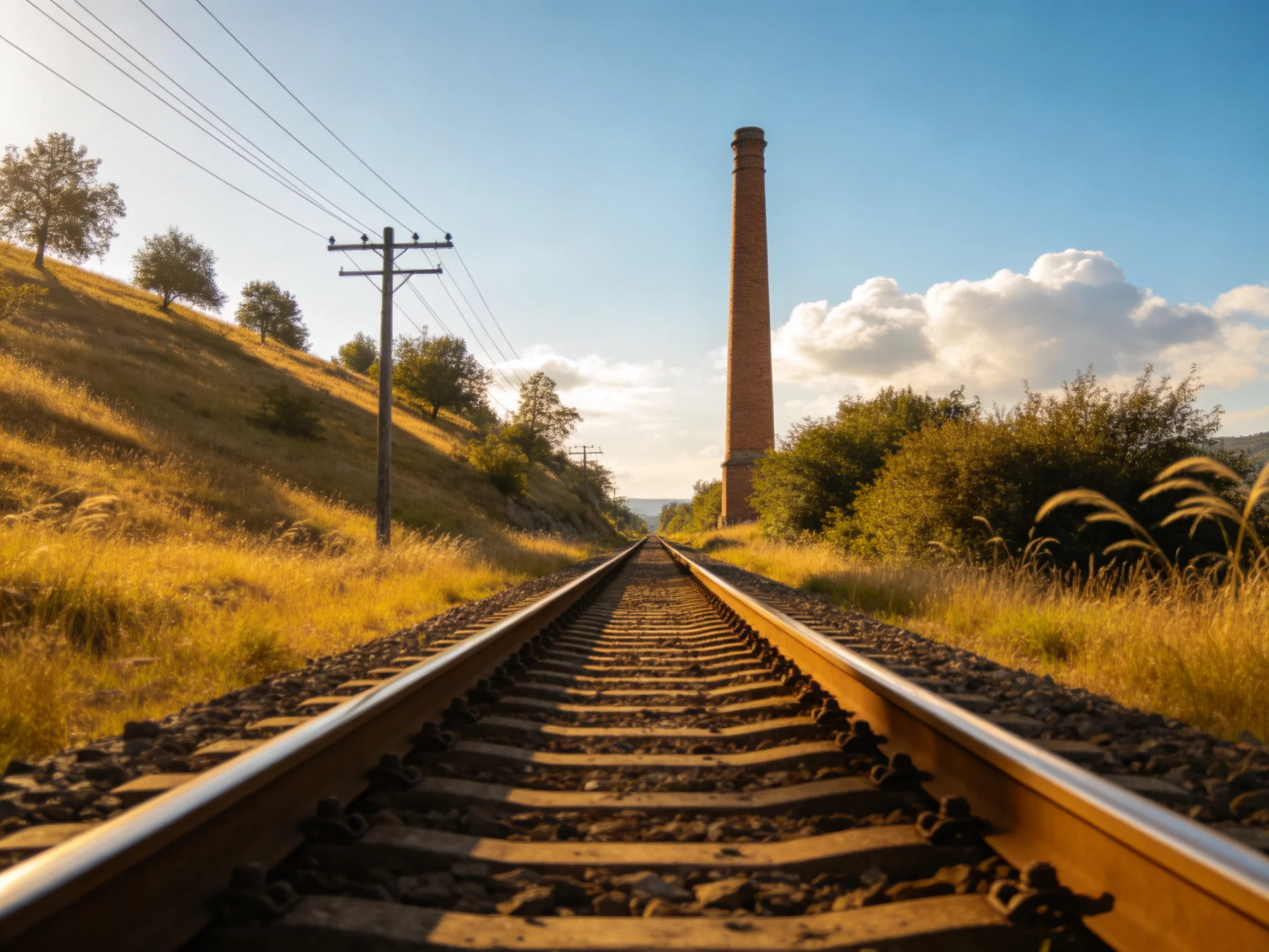 Golden railroad tracks lead to a tall brick chimney under clear blue sky