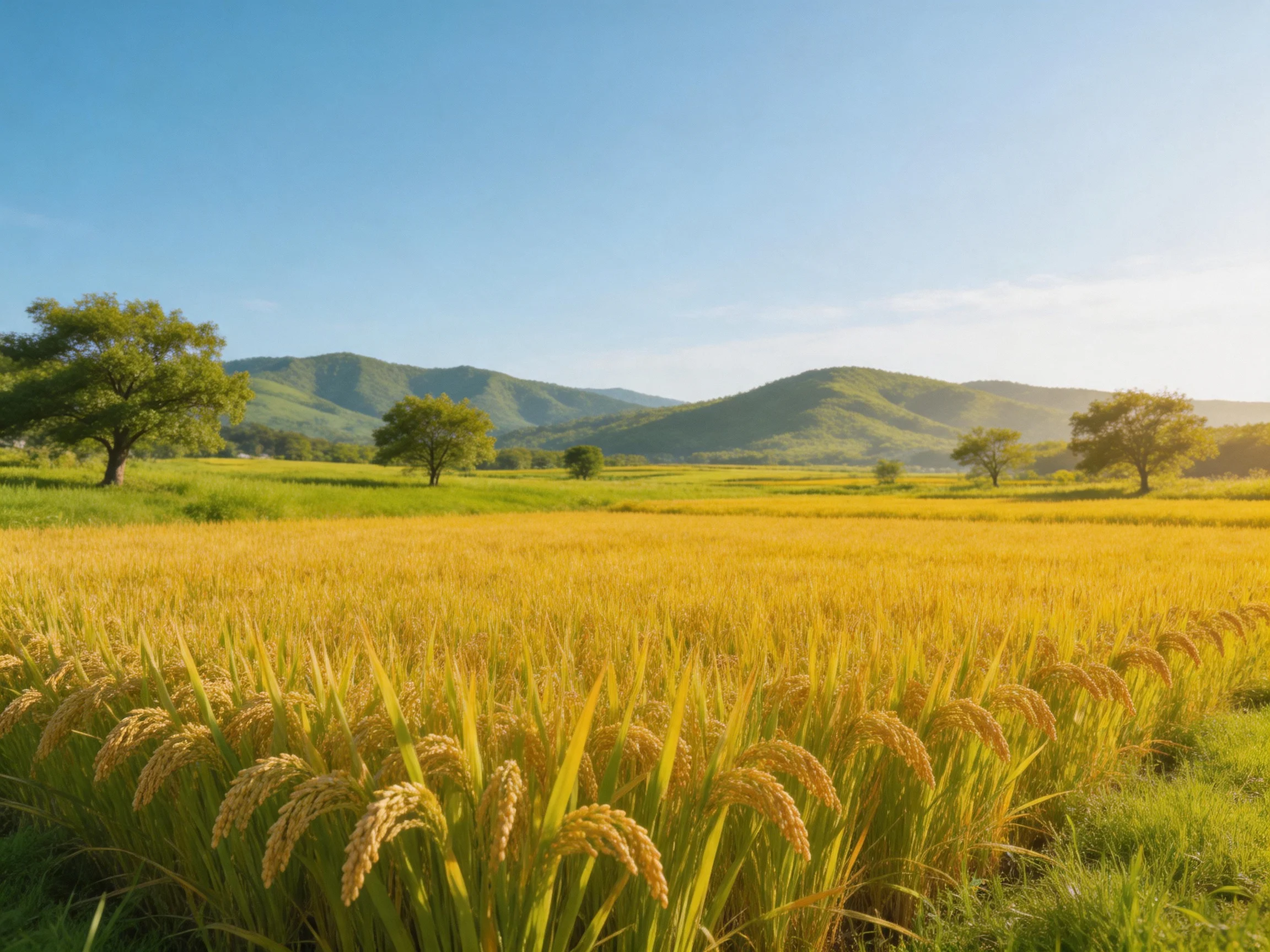 Golden rice fields stretch toward rolling green hills beneath a clear blue sky