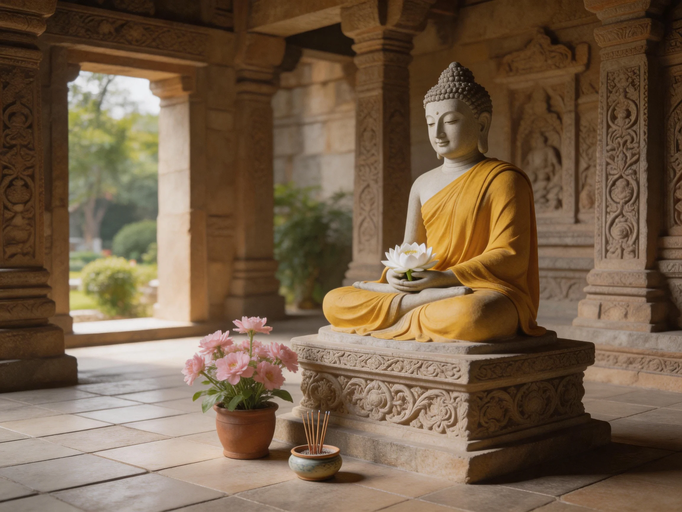 Golden-robed Buddha statue with flower offerings in ancient temple