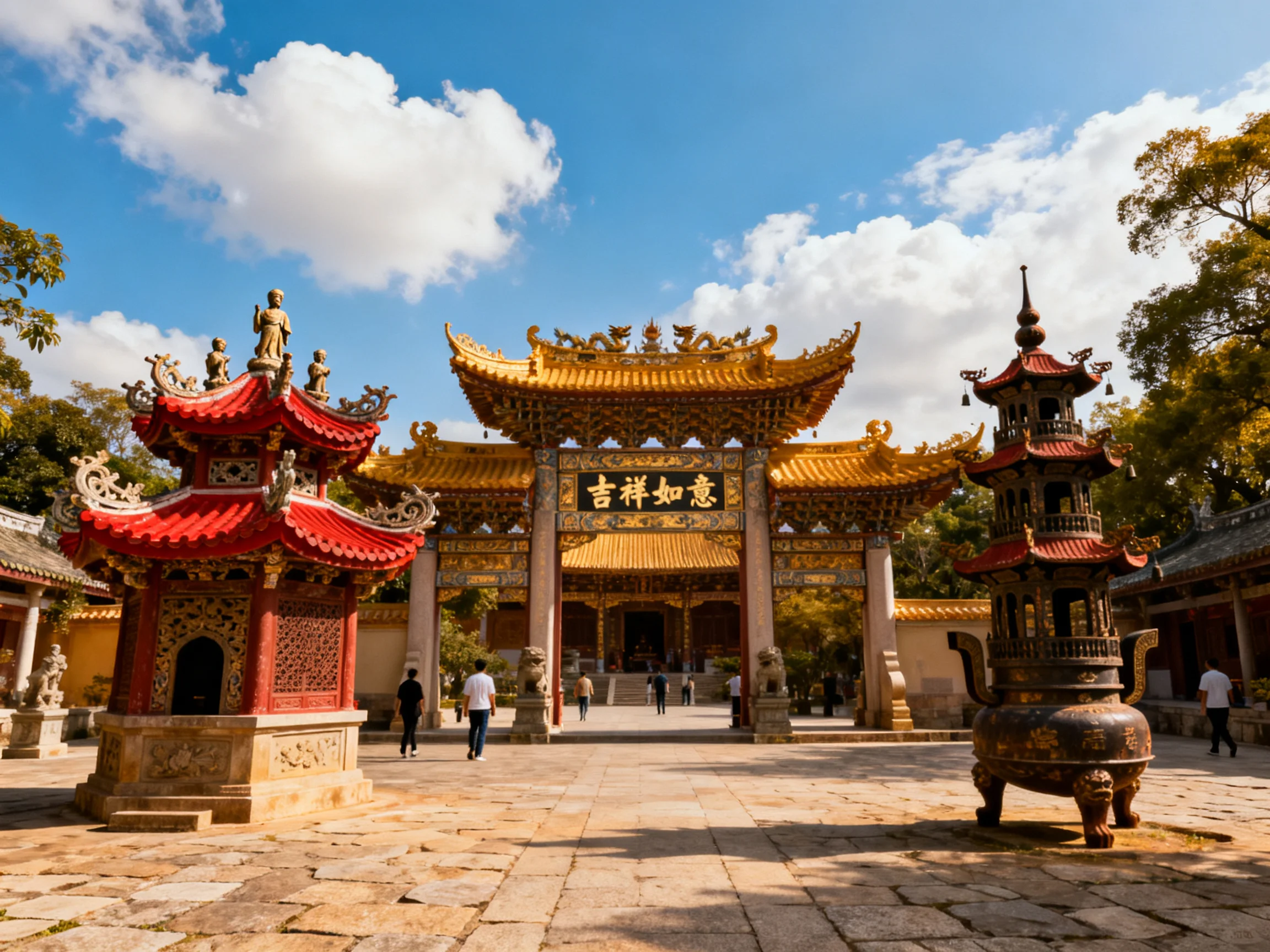 Golden-roofed temple entrance with red shrines and ornate incense burner