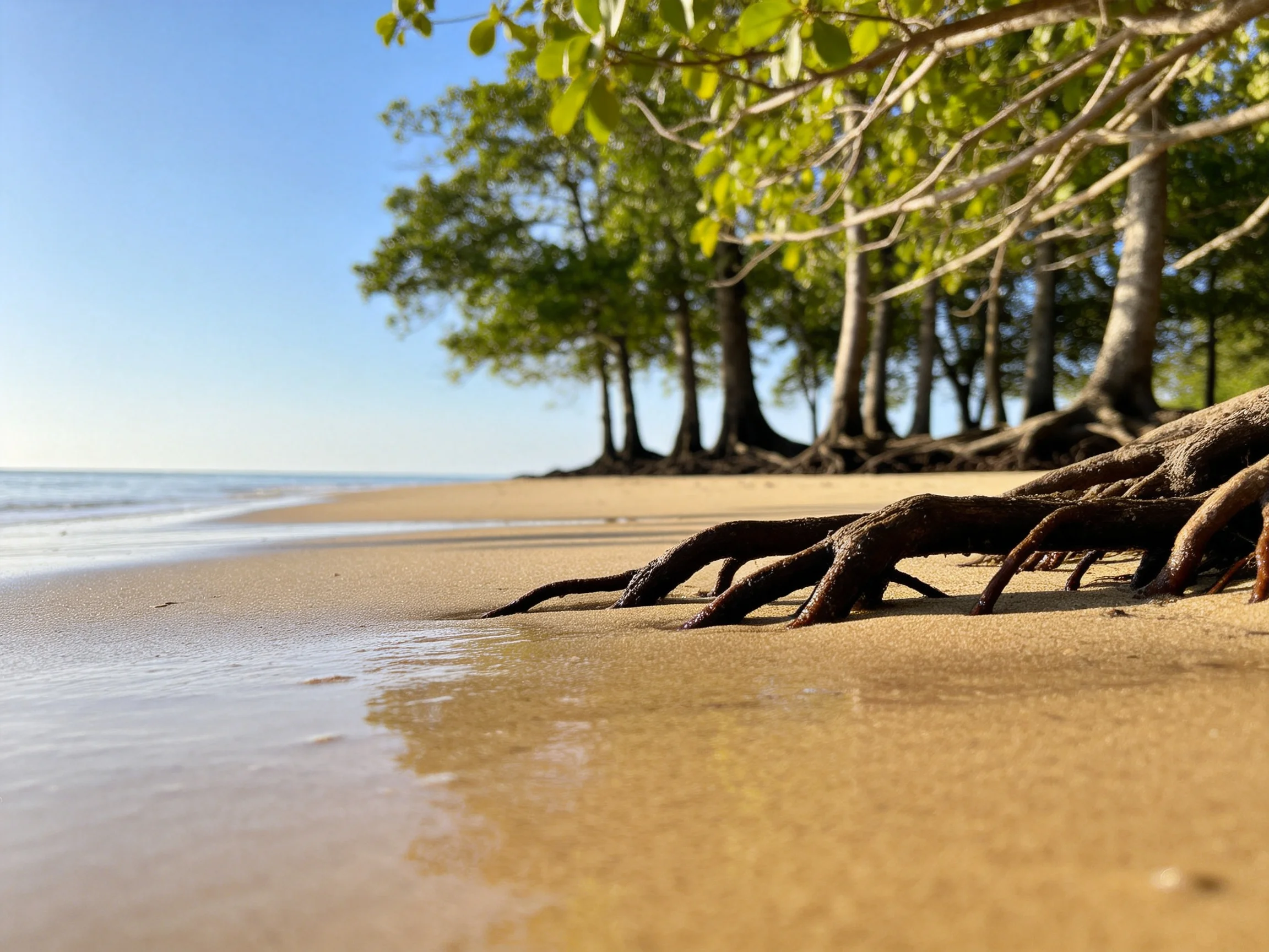 Golden sandy beach with mangrove roots and lush green trees