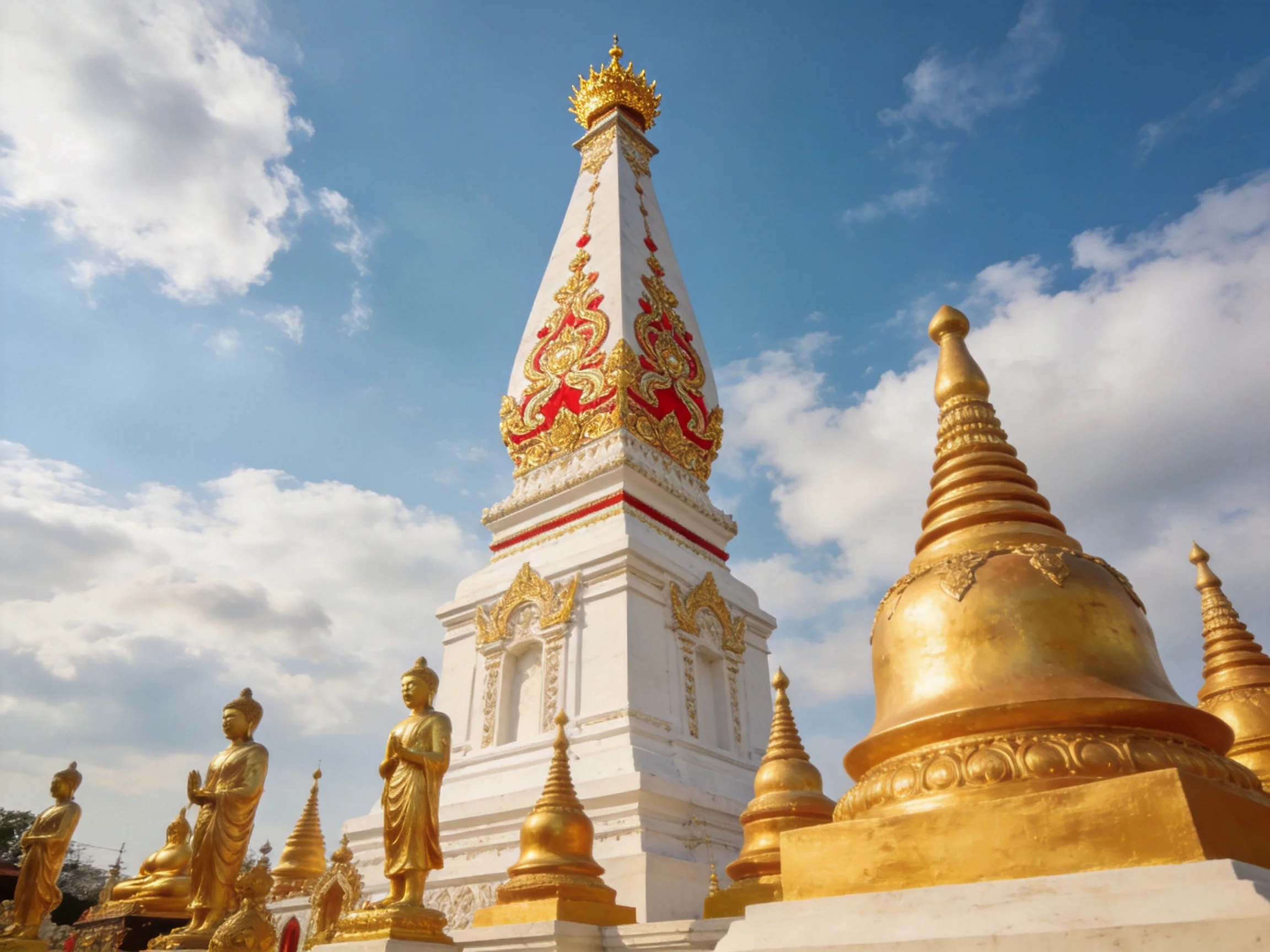 Golden statues and ornate spires near a decorated white temple