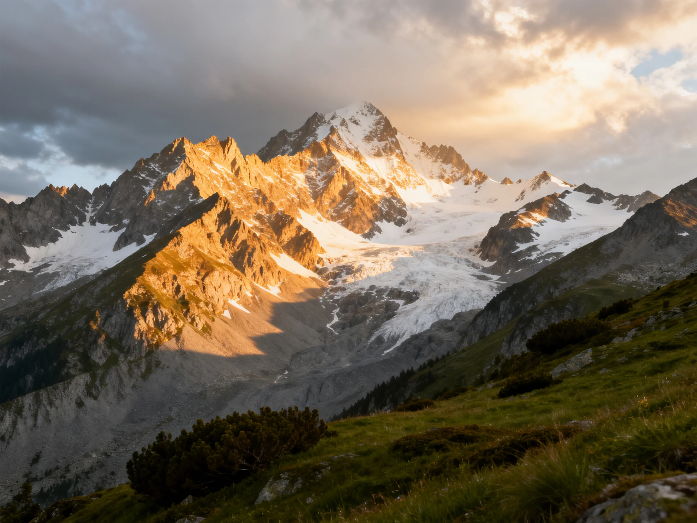 Golden sunlight illuminates snow-capped mountain peaks with lush green foreground.