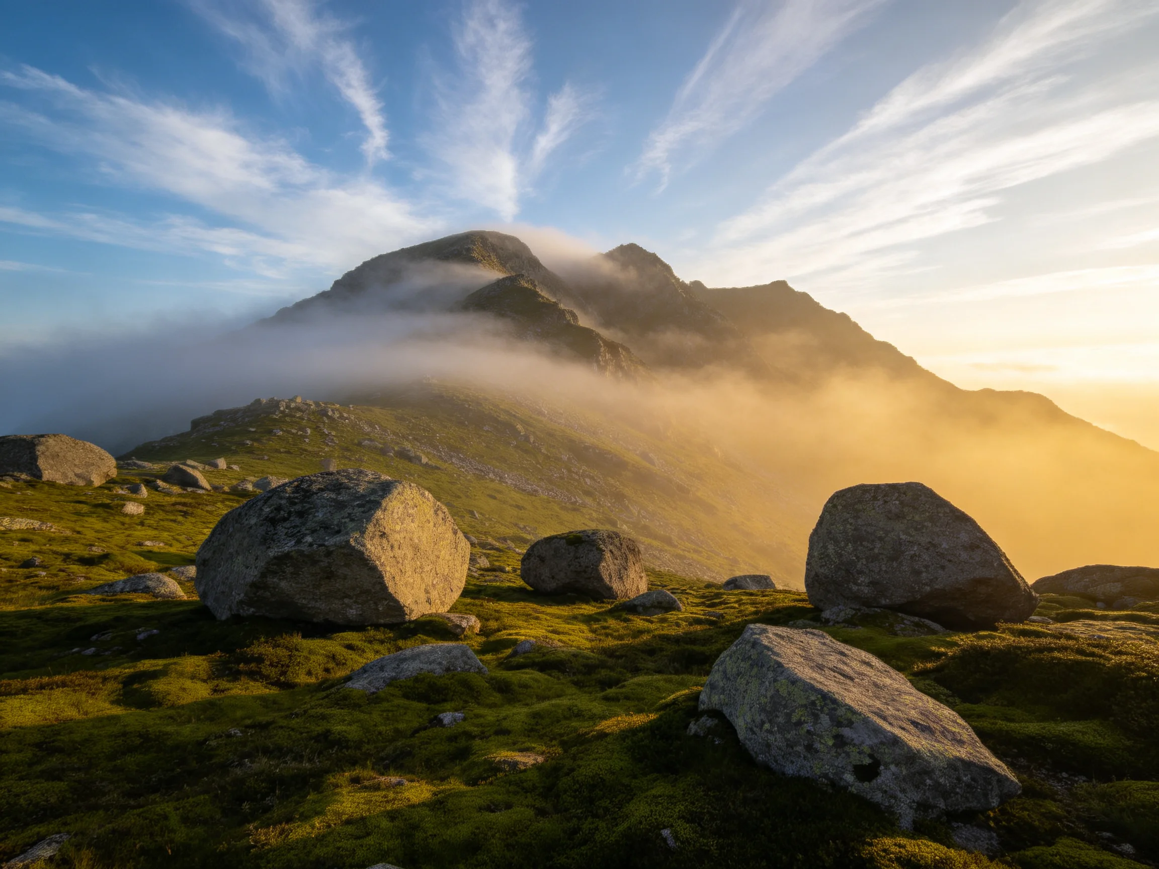 Golden sunrise illuminates misty mountain peaks with scattered boulders
