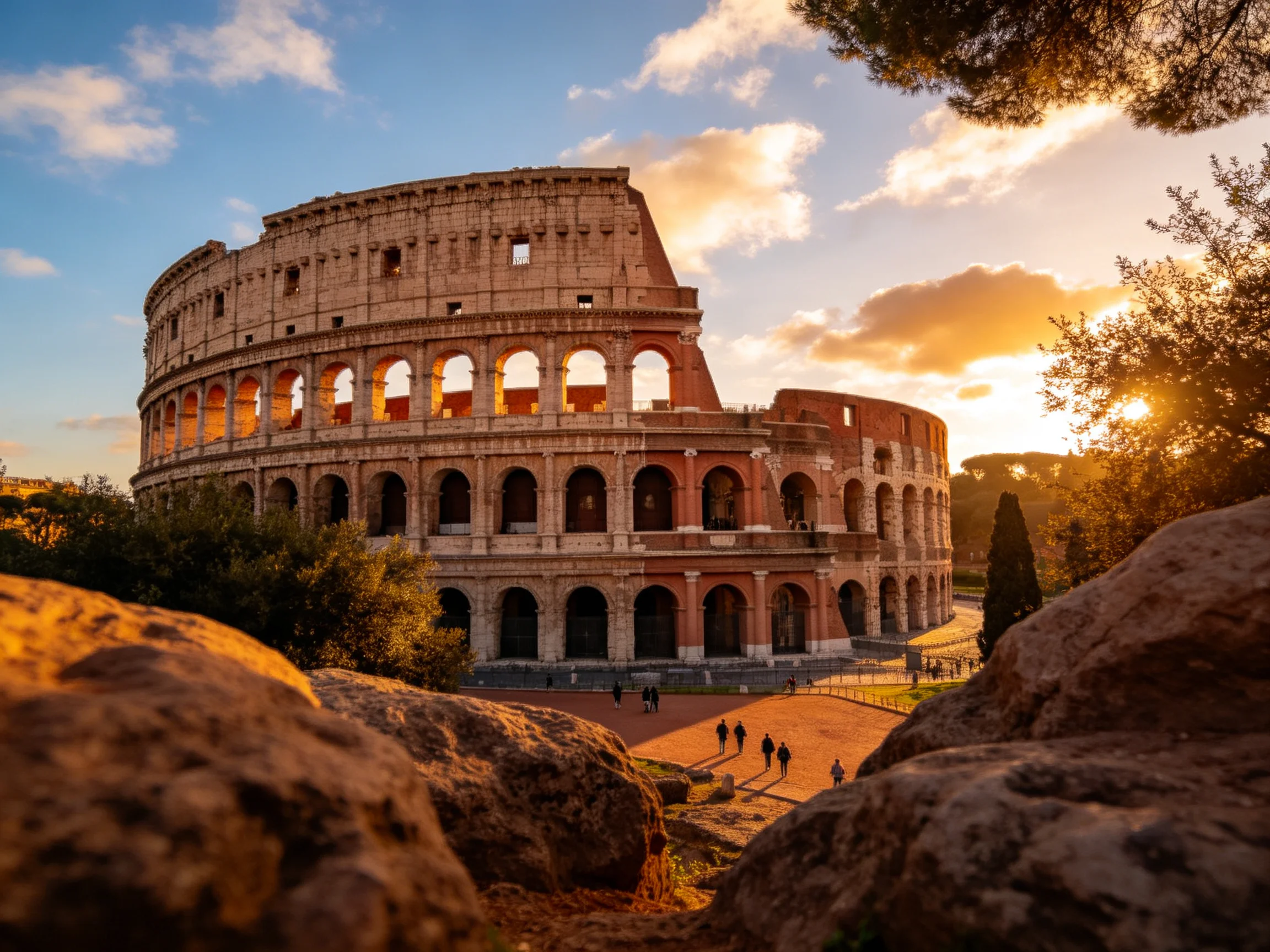 Golden sunset illuminates the ancient Colosseum with rocky foreground