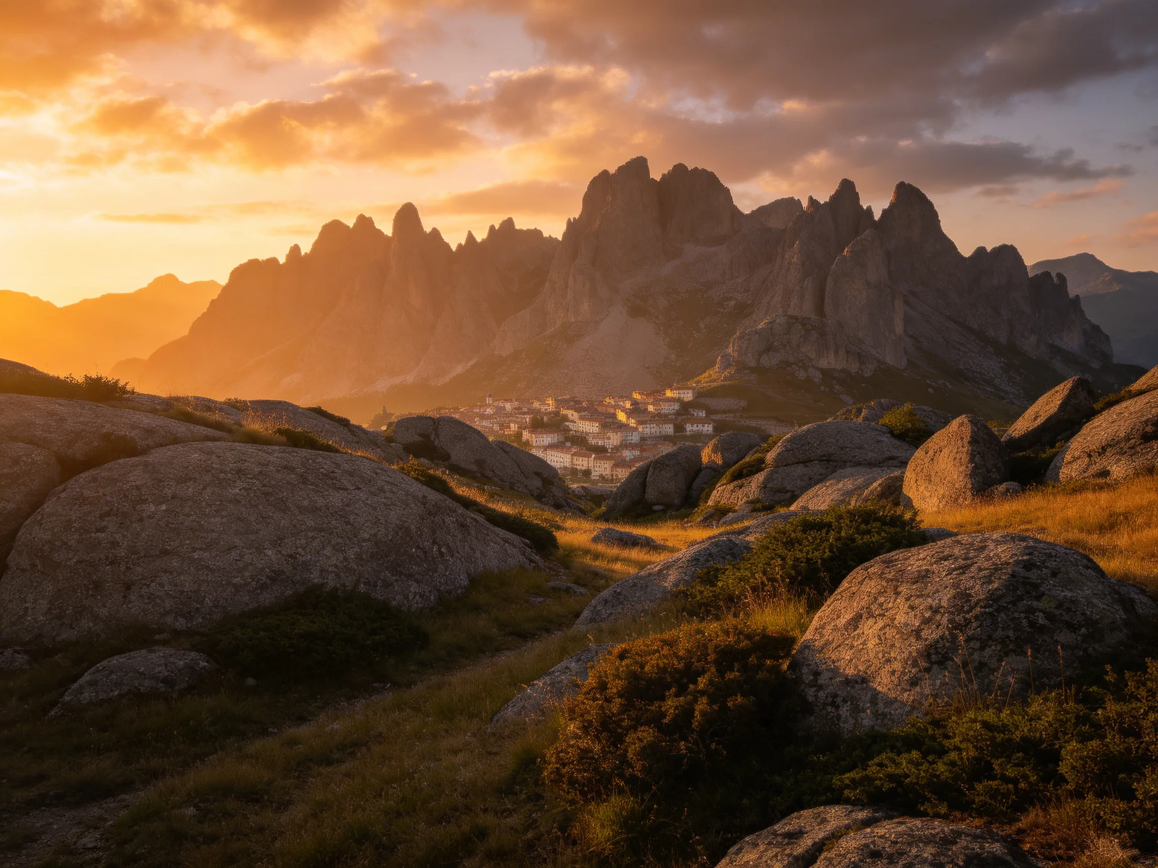 Golden sunset over jagged mountain peaks and rocky terrain near a village