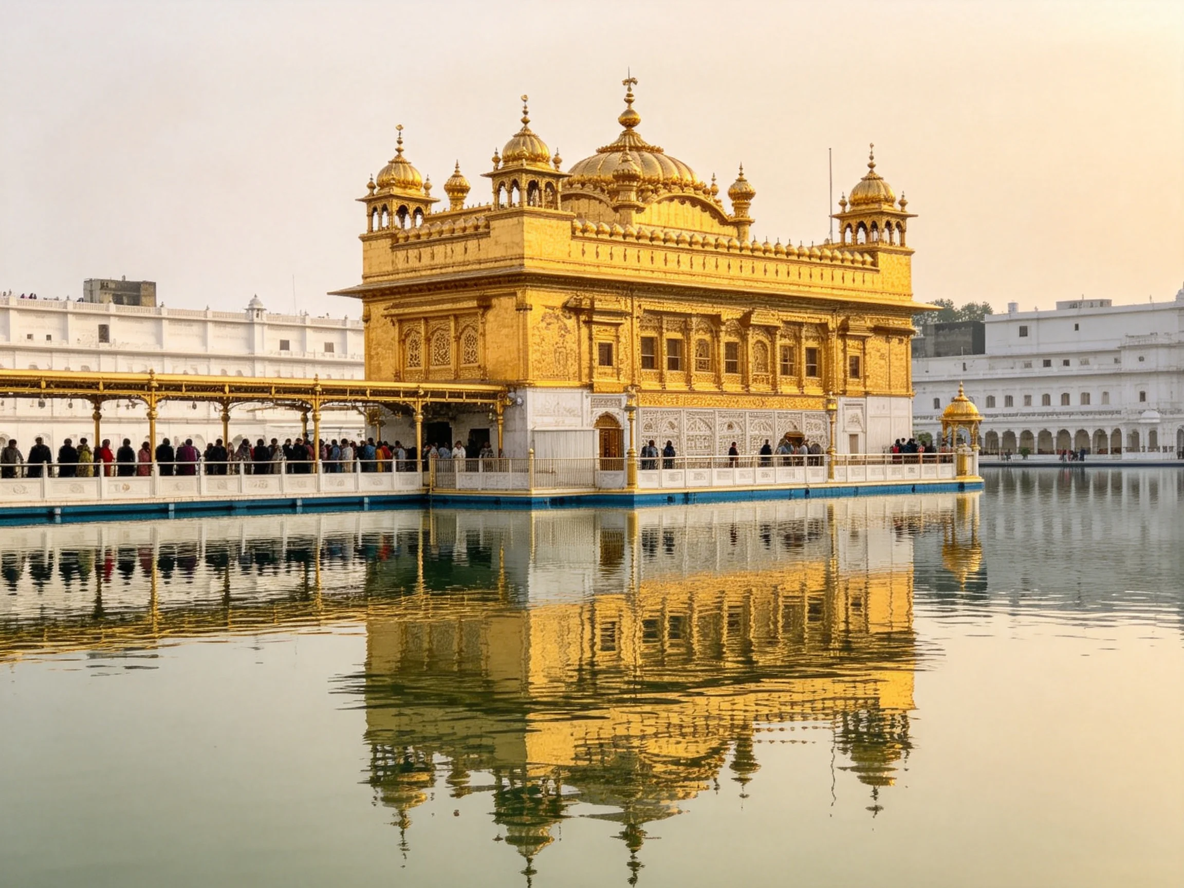 Golden temple complex with white buildings reflected in blue water