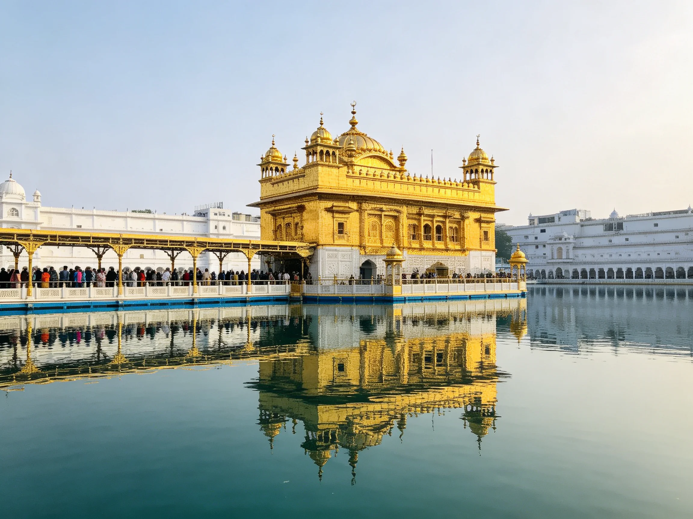 Golden temple reflected in calm blue water with white structures