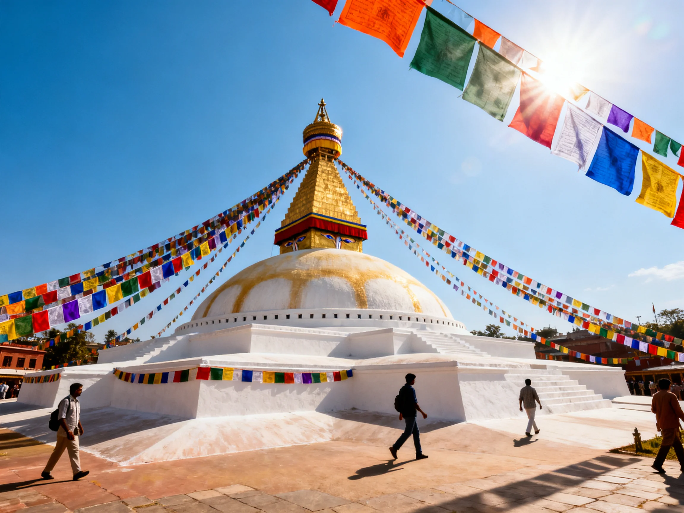 Golden-topped white stupa with colorful prayer flags and pedestrians